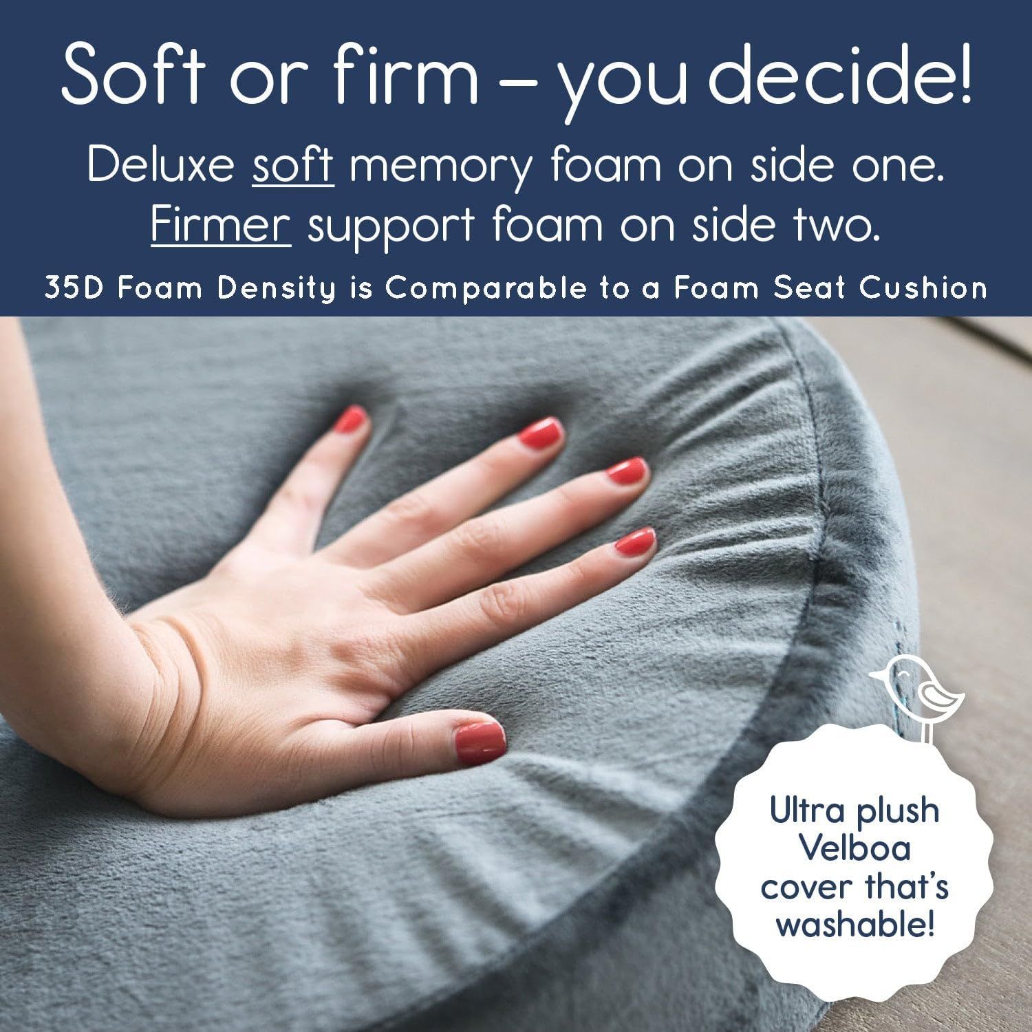 Shows the two firmness options and washable plush cover so shoppers can choose their preferred comfort.
