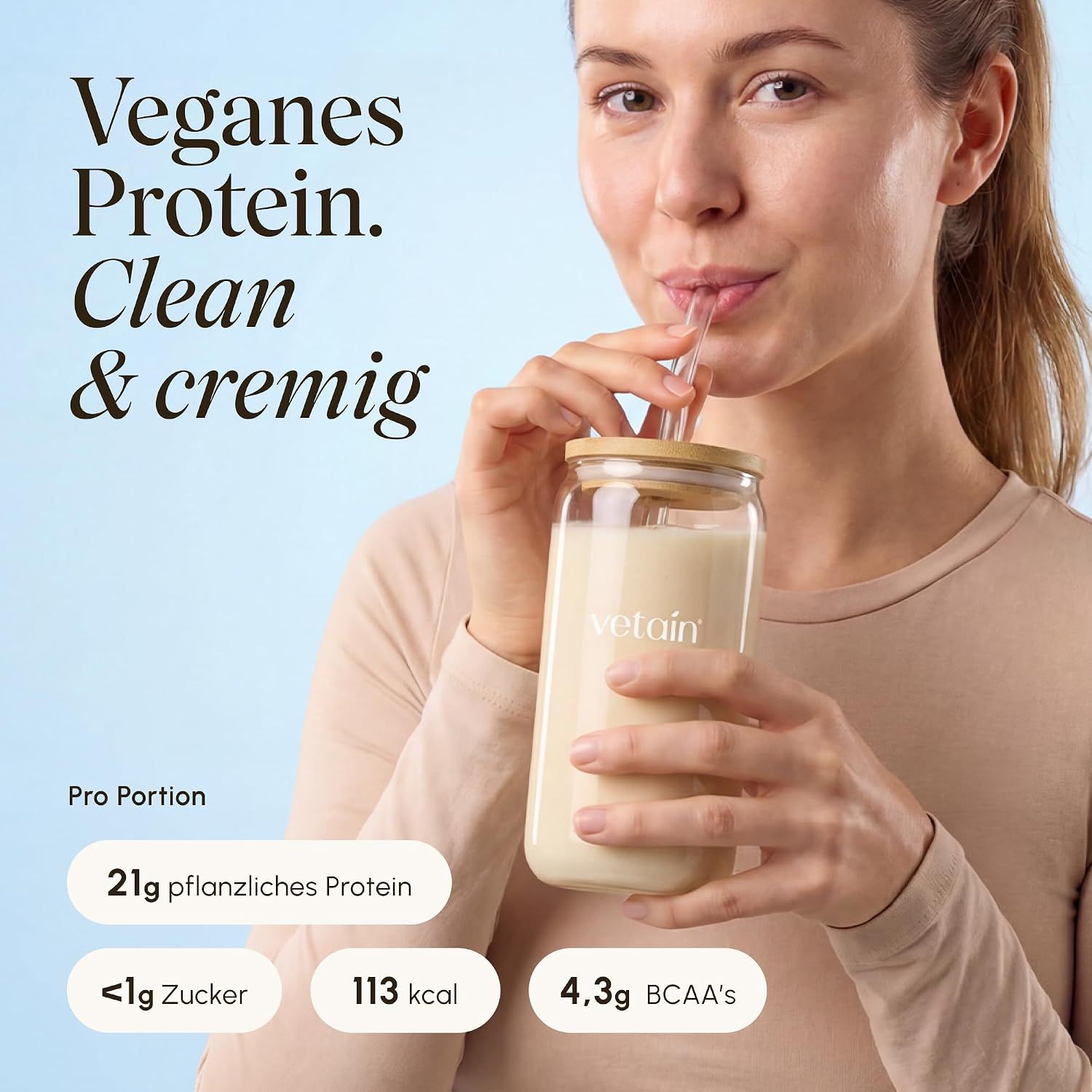 Highlights bold per-serving nutrition stats showing high plant protein and low sugar and calories to reassure shoppers of the product's nutritional value. Communicates that the vegan protein drink…