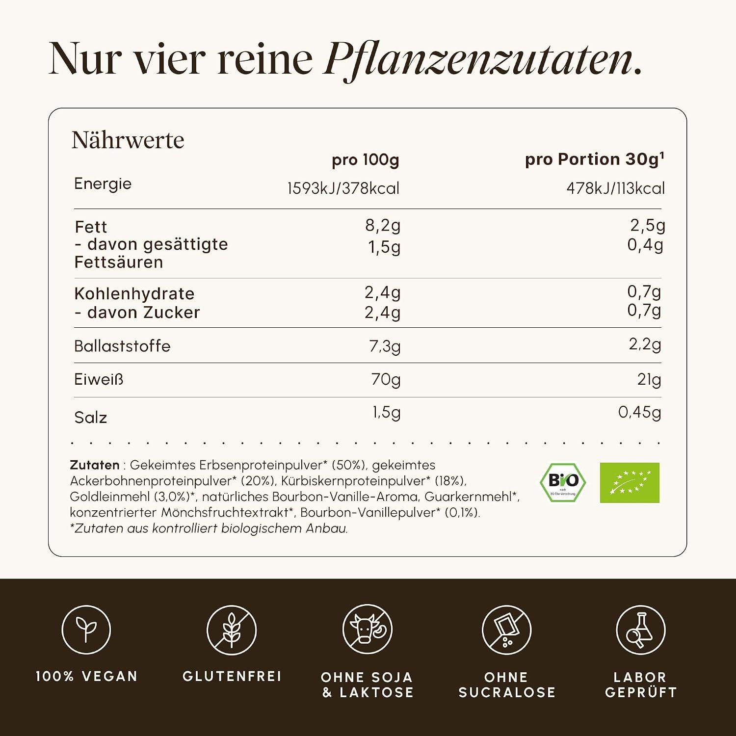 Shows nutrition facts alongside several certification badges so shoppers can quickly verify vegan, gluten-free, allergen-free and lab-tested claims. Reassures shoppers that the product carries…