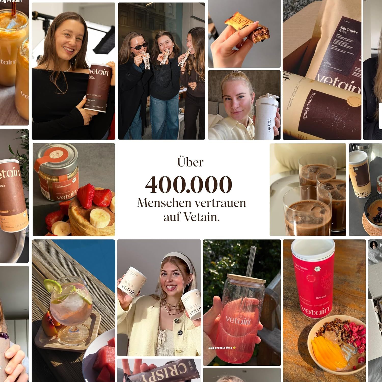 Shows a grid of real customer photos using the product in everyday settings to build trust through authentic social proof. Highlights that over 400,000 people trust the brand to convey brand…