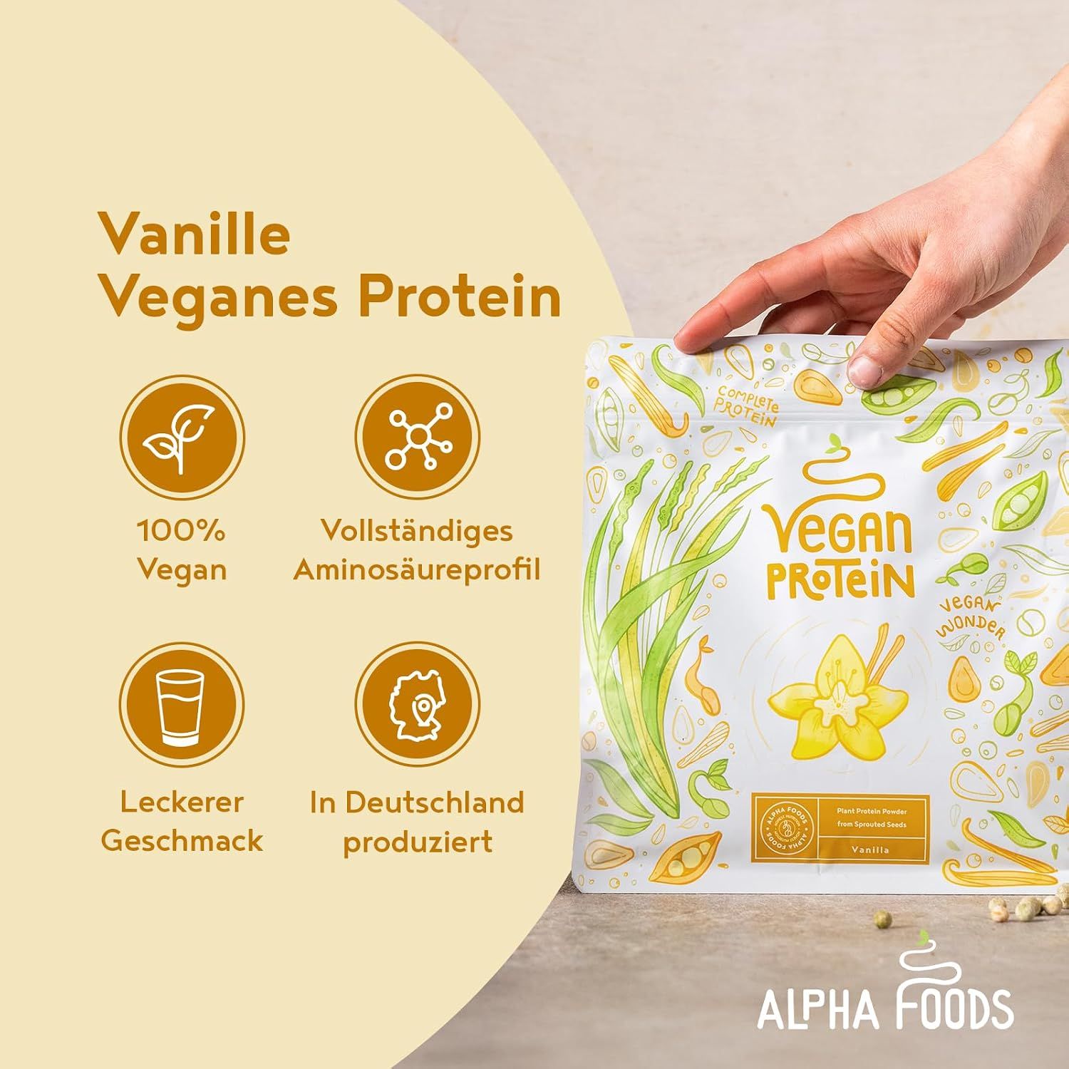 Summarizes the key product claims of a vegan protein powder with four icon points in one clean layout. Introduces the Alpha Foods vegan protein product line with brand presence.