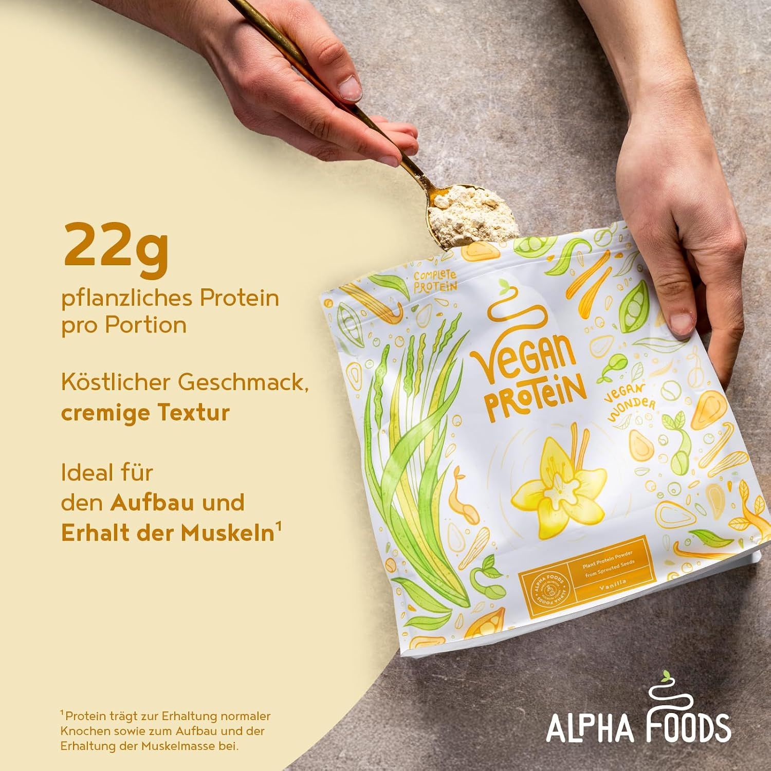 Highlights the 22g protein per serving figure to show strong muscle-support value. Communicates that the powder tastes good and supports muscle building and maintenance.
