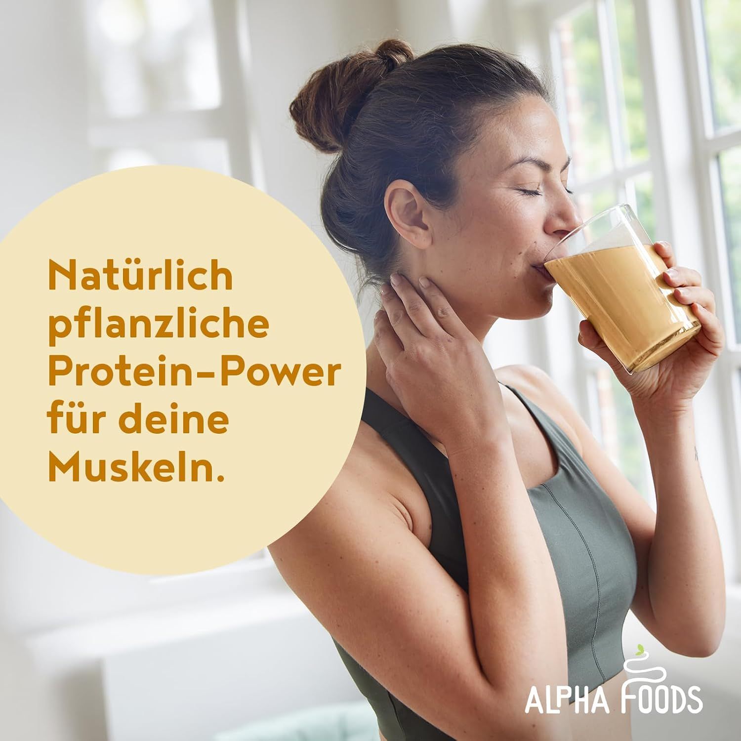 Communicates that the product offers natural plant-based protein support for muscles through a single lifestyle scene.