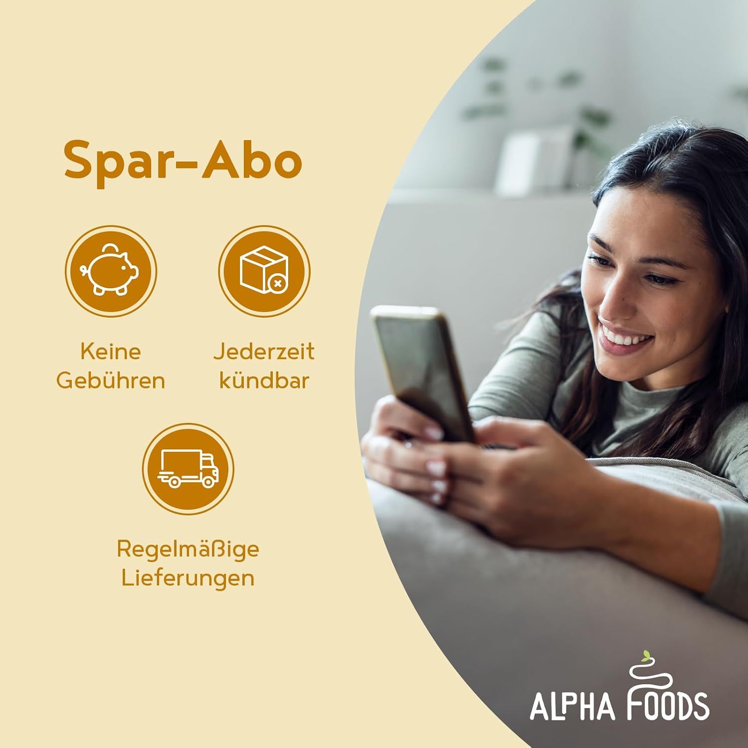 Highlights the subscription savings plan benefits of no fees, flexible cancellation, and regular delivery.