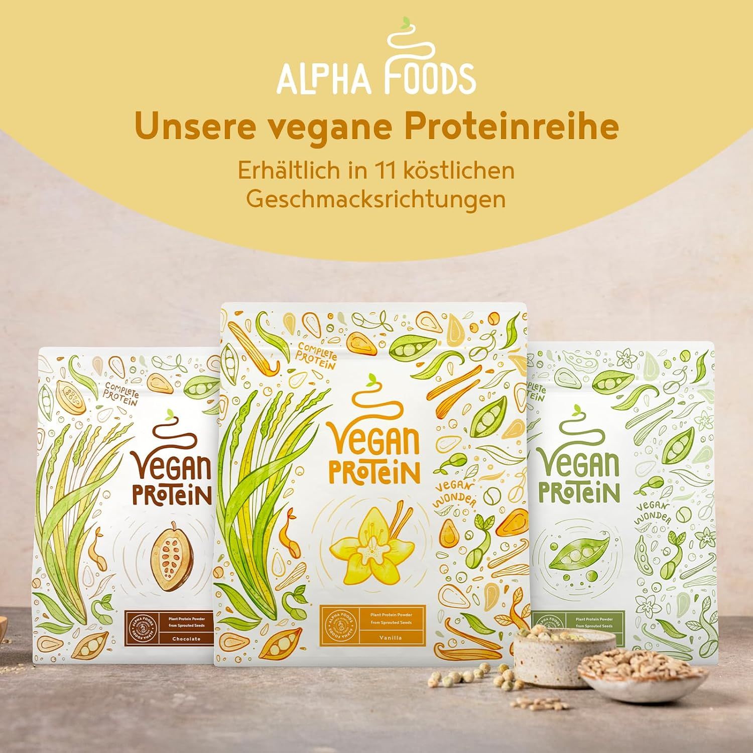 Showcases the Alpha Foods vegan protein product line and its 11 flavour options.