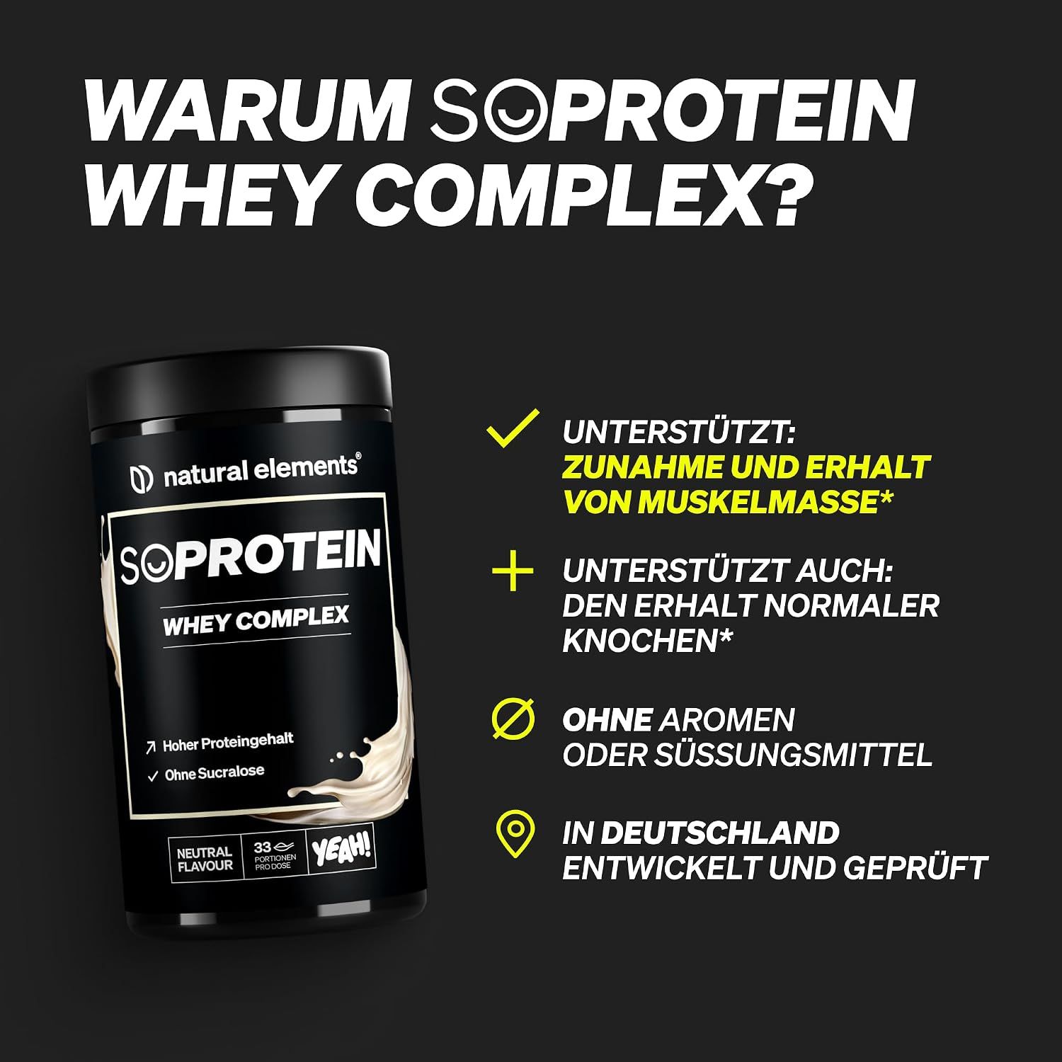 Lists several selling points in segmented blocks with checkmarks and icons so shoppers quickly see why SoProtein Whey Complex is a strong choice.