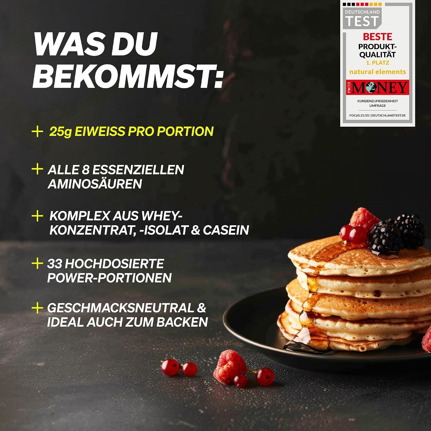 Lists several key benefits of the protein powder, including protein content, amino acid profile, blend quality, serving count, and versatility for baking. Uses a German consumer test award badge to…