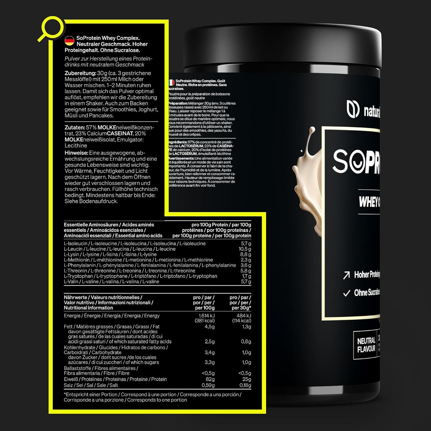 A zoomed magnifier callout directs shoppers to the product label showing ingredients, preparation, and nutrition facts so they can verify what the powder contains. Shows the SoProtein Whey Complex…