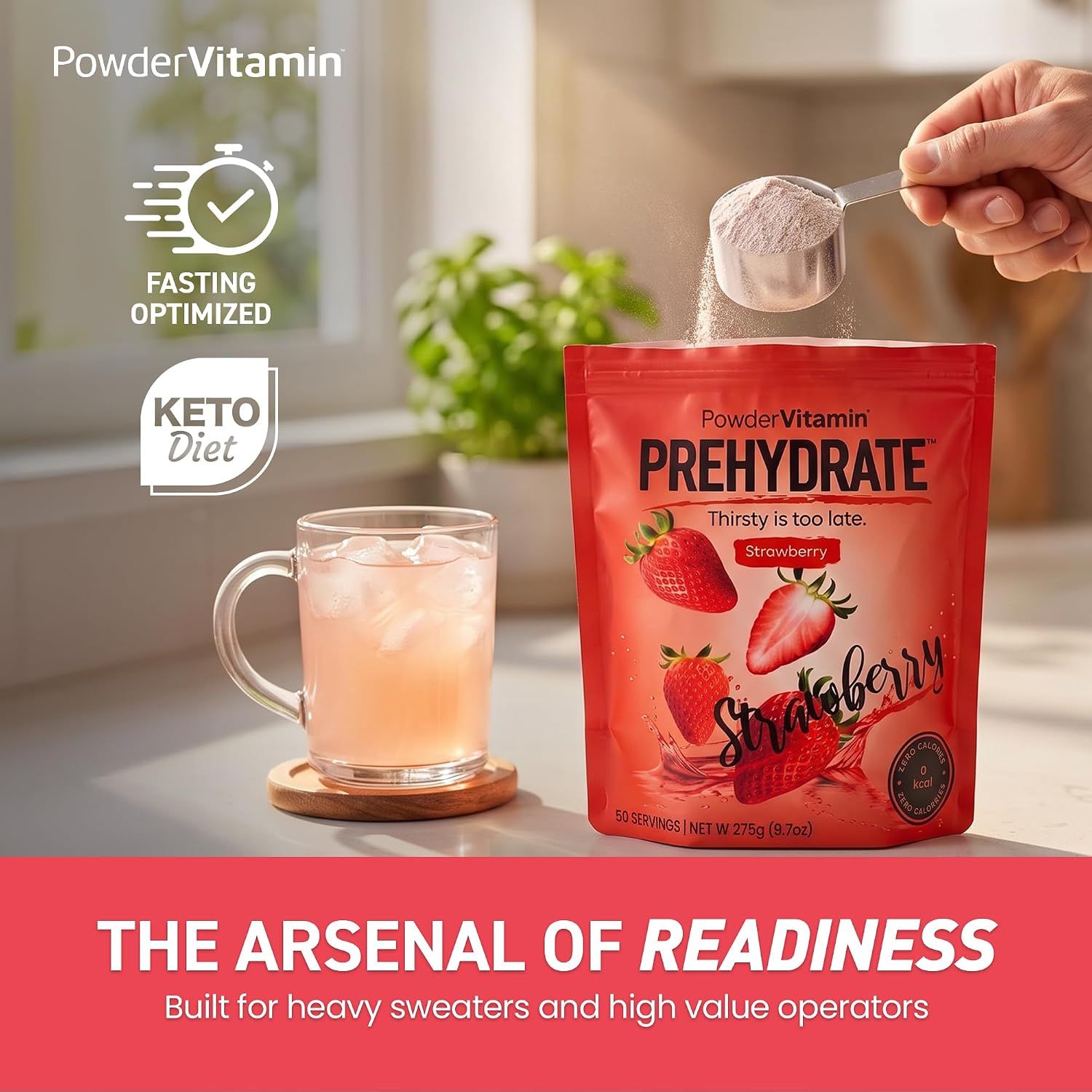 Shows the PrehYdrate strawberry powder in a lifestyle setting with a clear claim that it suits fasting and keto users. One headline and a few badges keep the message focused on one idea.