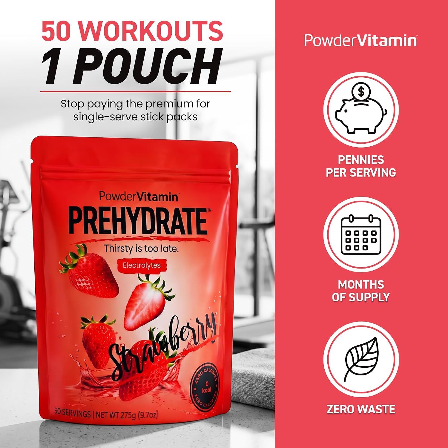 Shows several distinct selling points in segmented panels, including pennies per serving, months of supply, zero waste, and zero calories, to persuade shoppers that the large pouch is a better value…