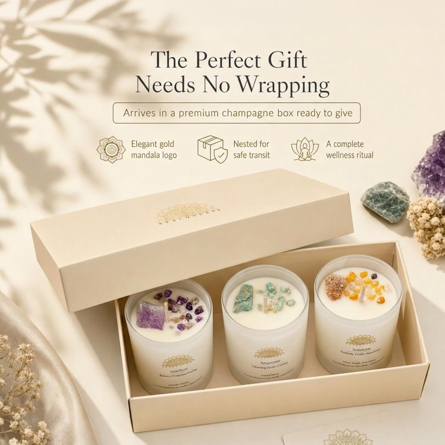 Shows that the three candles arrive together in a premium gift box ready to give without extra wrapping. Positions the set as a gift that needs no wrapping for gifting occasions.
