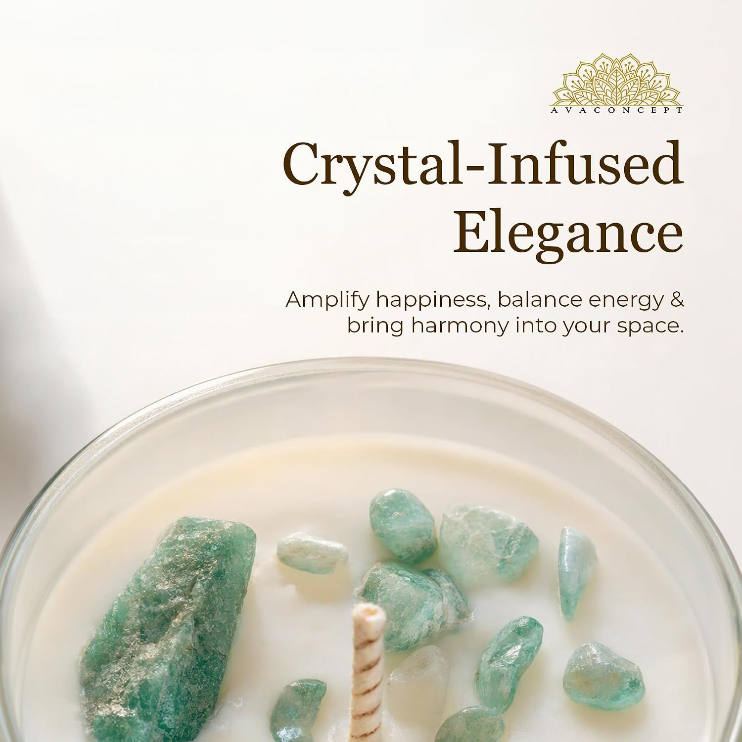 Close-up of the crystal-embedded candle conveys that the crystals add energy and harmony to the space.