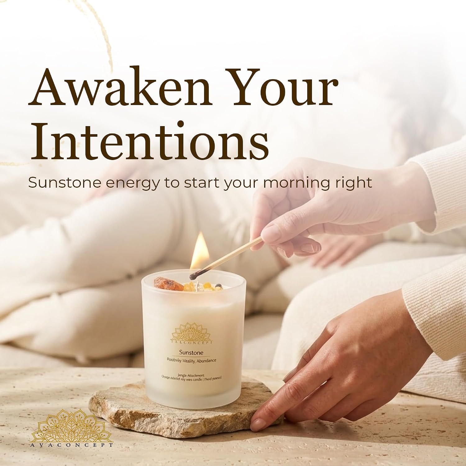 Shows the candle being lit to start the morning ritual, demonstrating simple use. Communicates that Sunstone energy helps start the morning with positivity and vitality.
