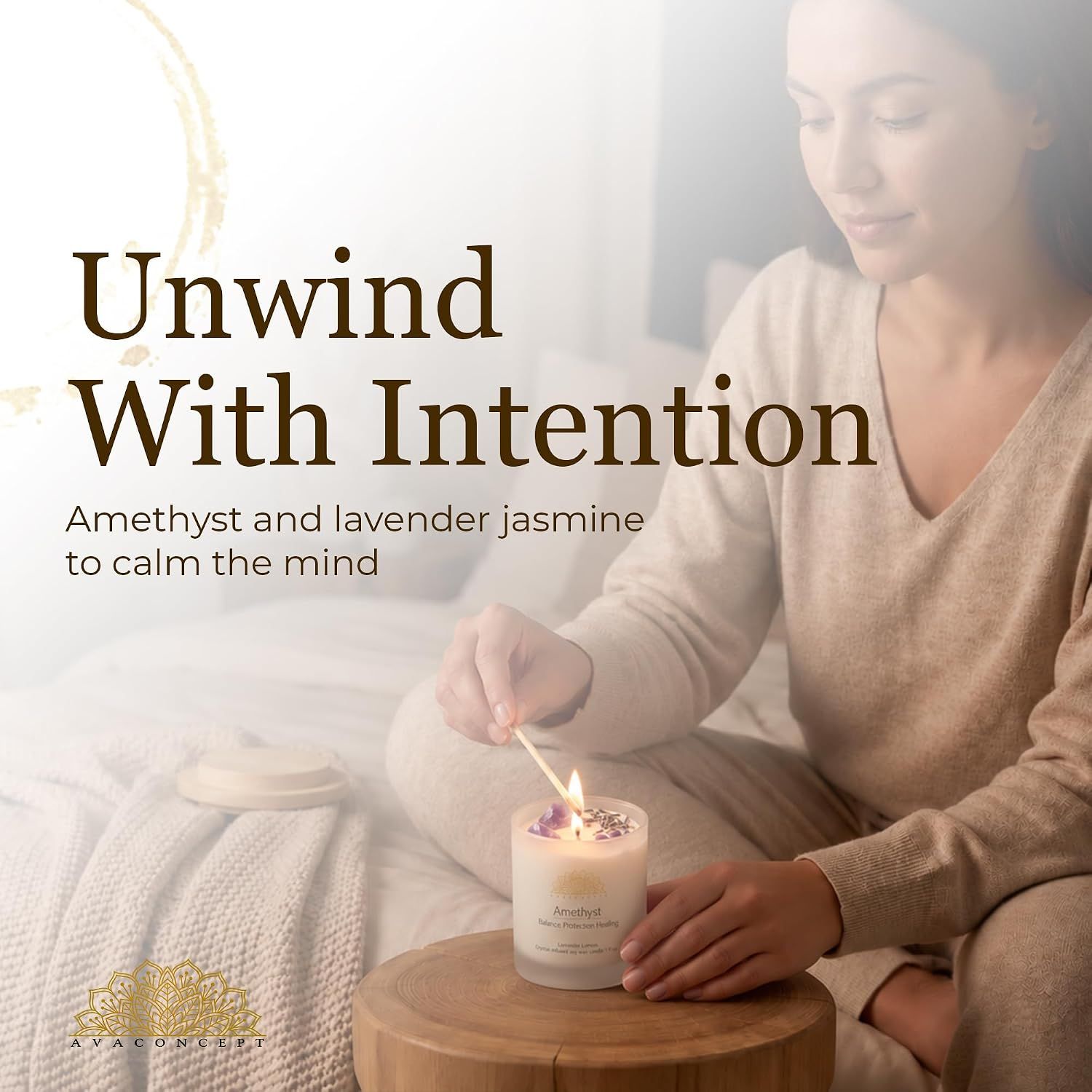 Shows a simple lighting action to begin the calming ritual. Conveys that the amethyst and lavender jasmine candle helps calm the mind.