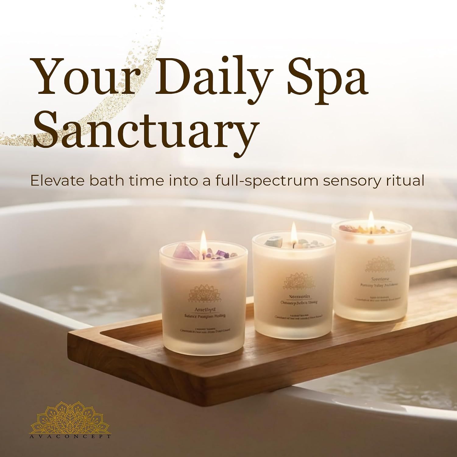 Shows the candles used during bath time to create a spa-like sensory experience. Communicates that the candles elevate bath time into a relaxing daily ritual.