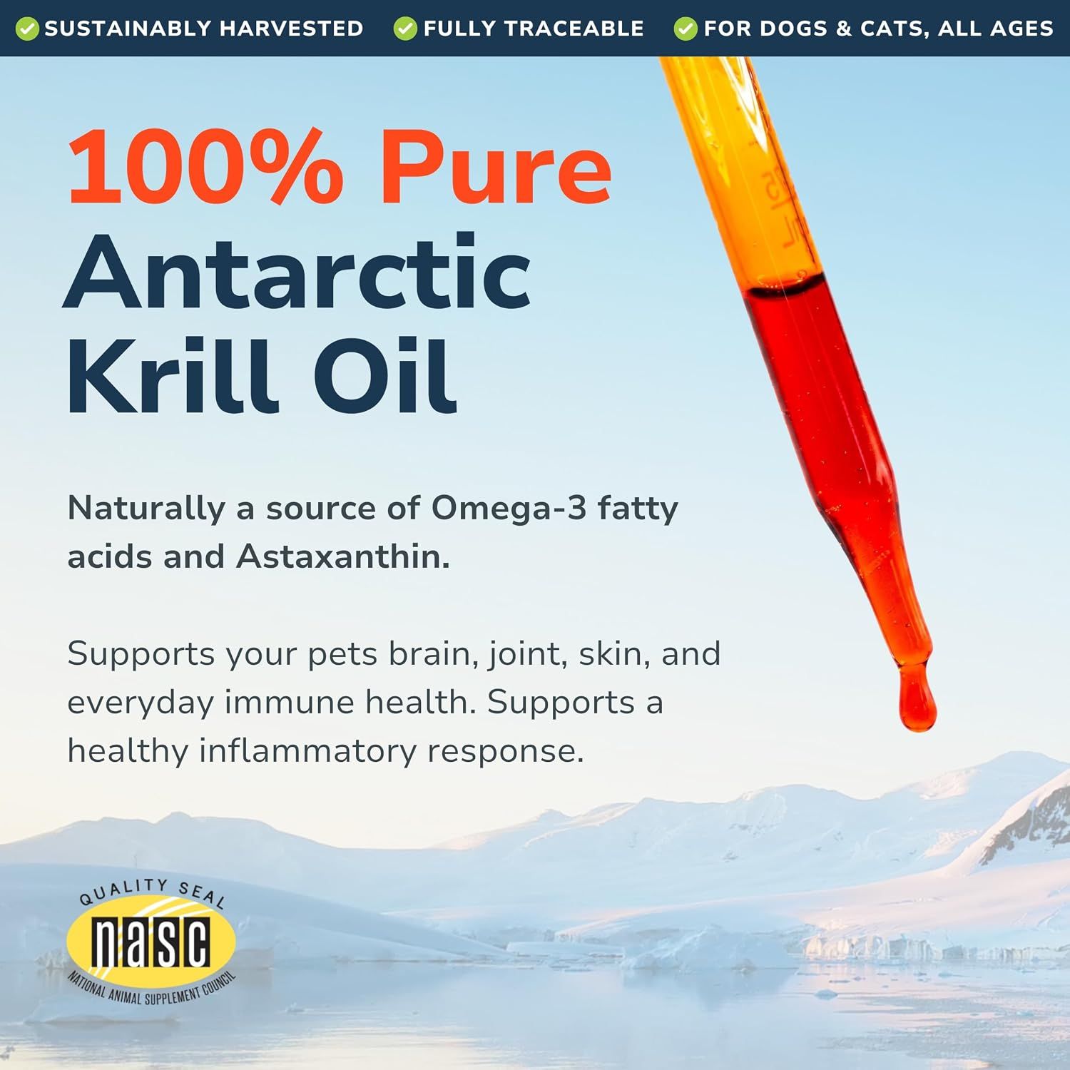 Shows the oil dropper and dispensing action to highlight easy dosing. Communicates that the product is 100 percent pure Antarctic krill oil that naturally supplies omega-3 and astaxanthin for brain,…