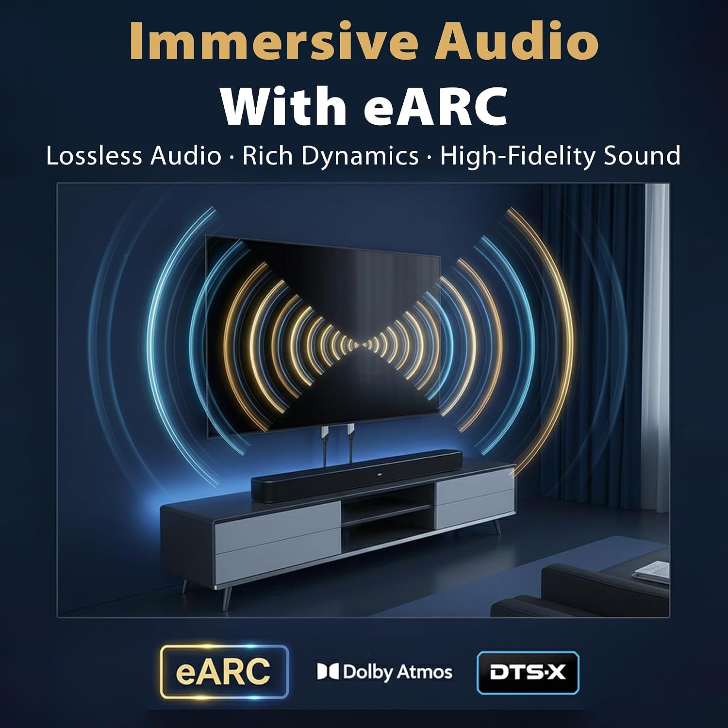 Shows that eARC delivers immersive, high-fidelity audio to a soundbar setup.