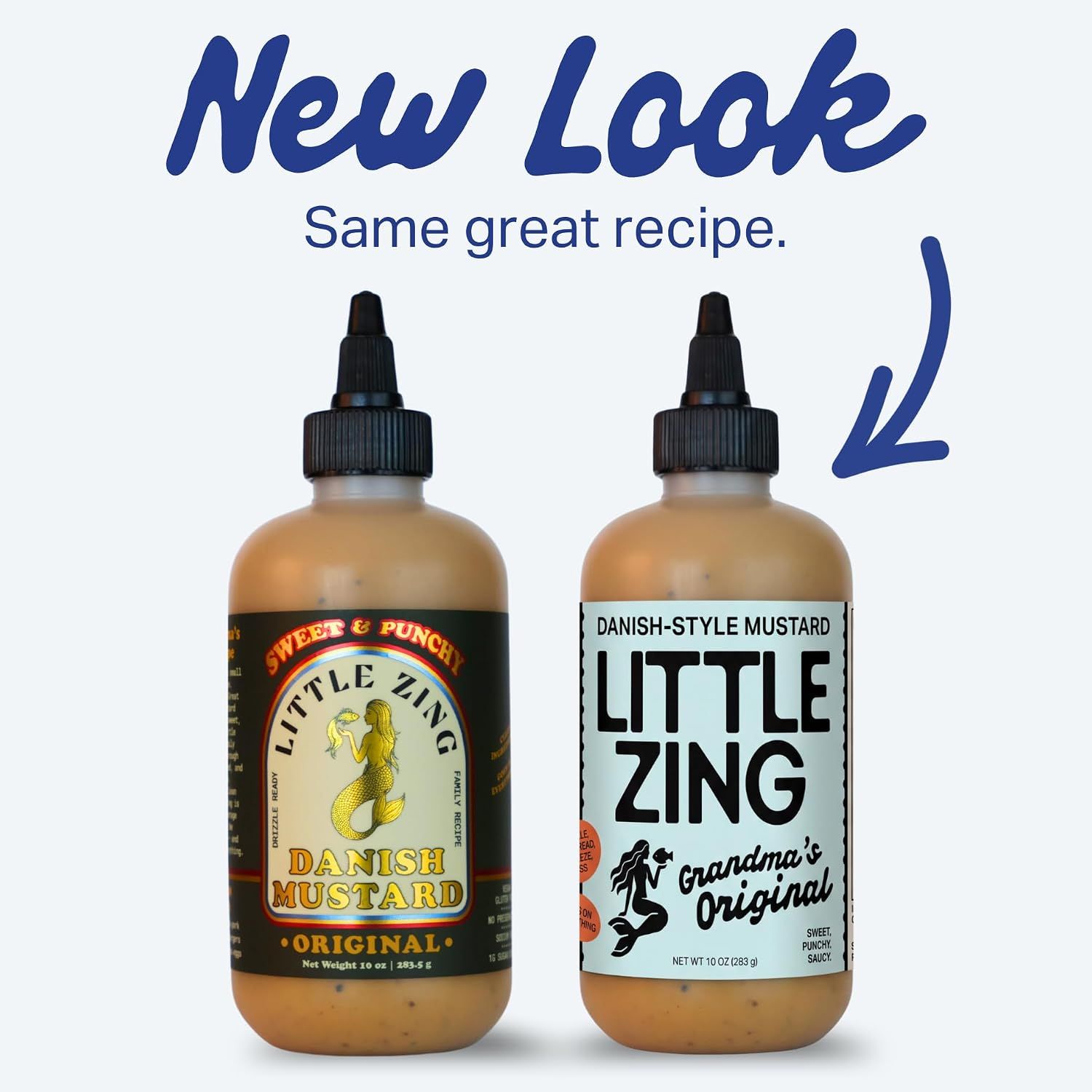 Announces the updated packaging while reassuring shoppers the original recipe is unchanged. Highlights that the new bottle design keeps the same great taste.