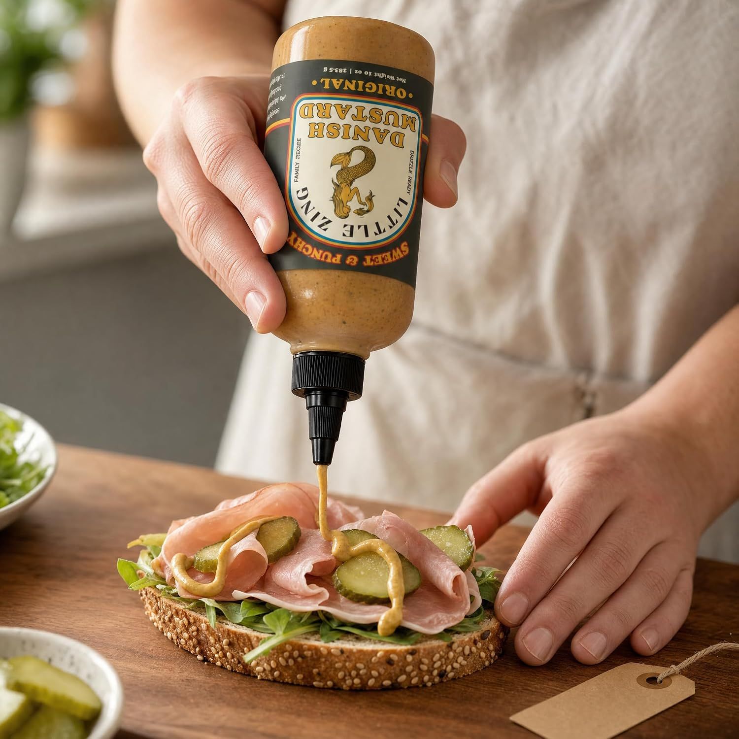 Shows the mustard being drizzled onto a deli sandwich in a real kitchen setting.