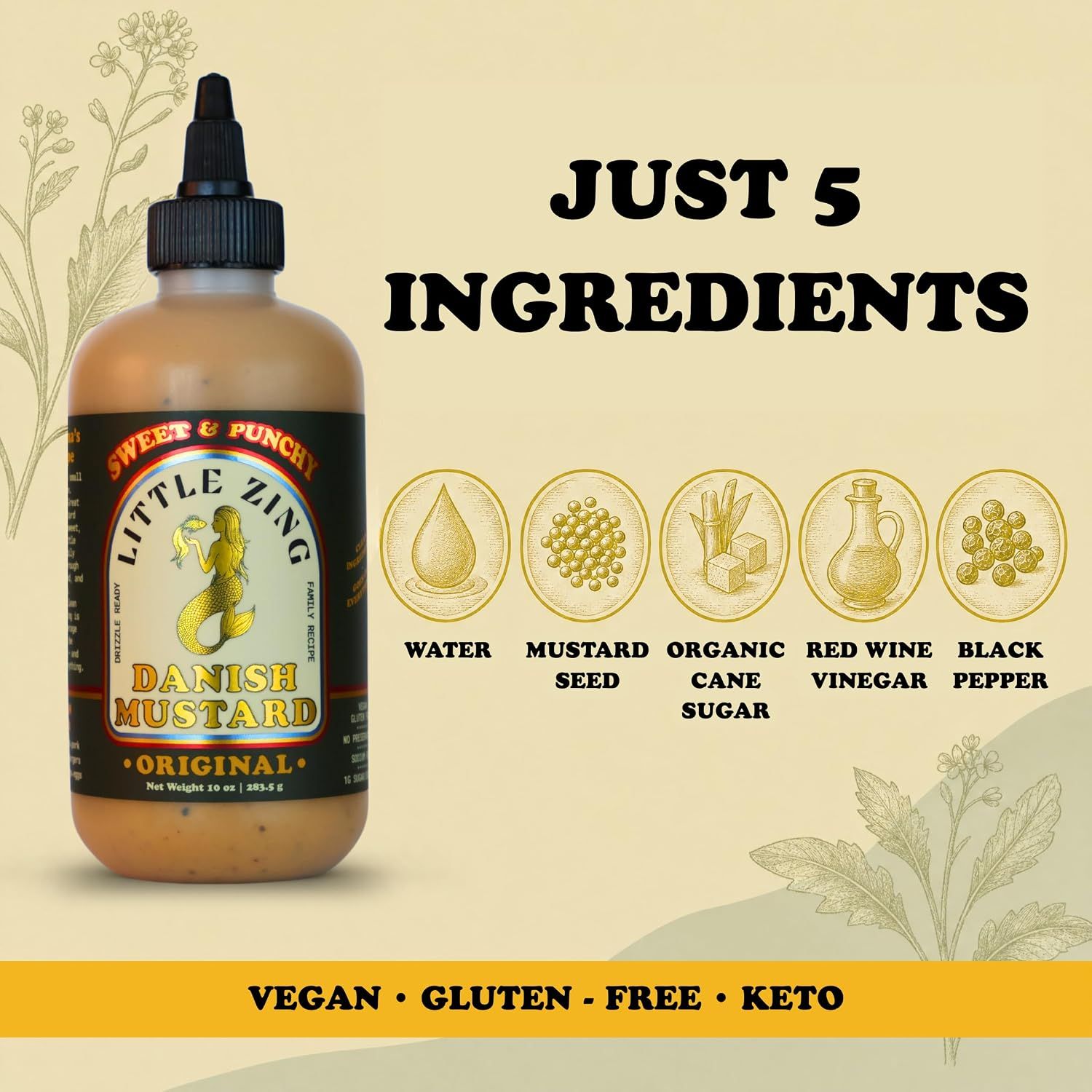 Shows the short, clean ingredient list and dietary certifications to reassure health-conscious shoppers.