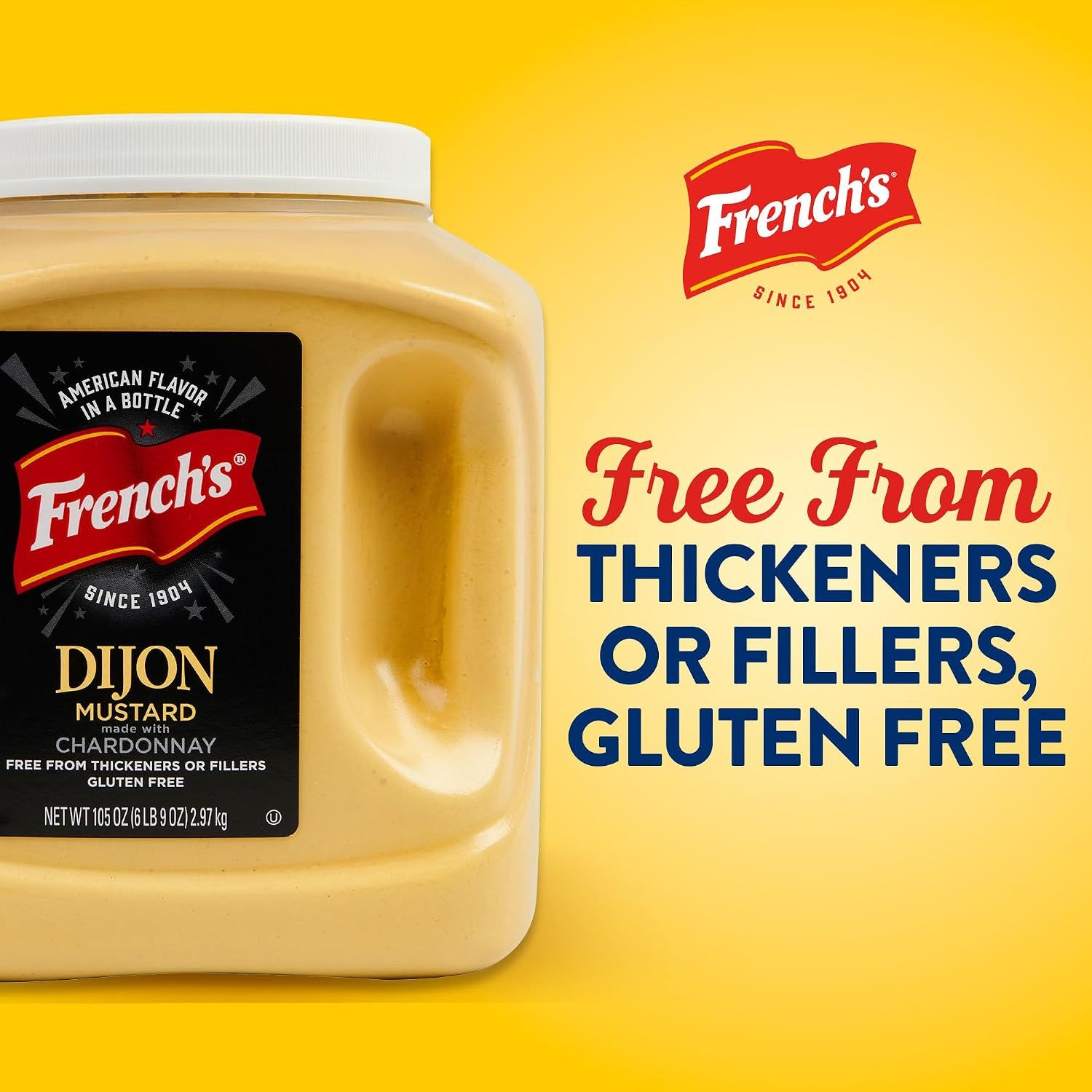 Tells shoppers the mustard is free from thickeners, fillers and gluten. Highlights the French's brand heritage alongside the jumbo Dijon product.