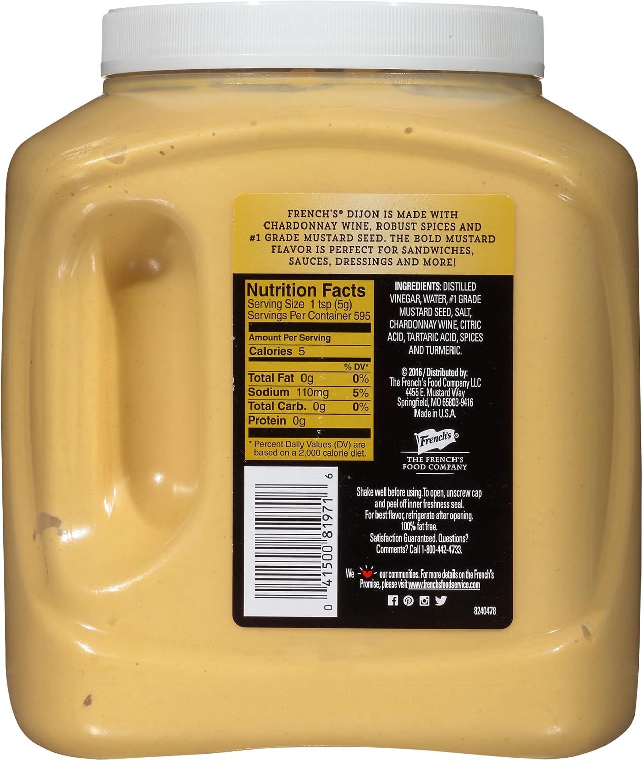 Shows the back label with brand details and ingredients to reinforce the French's Dijon product identity.