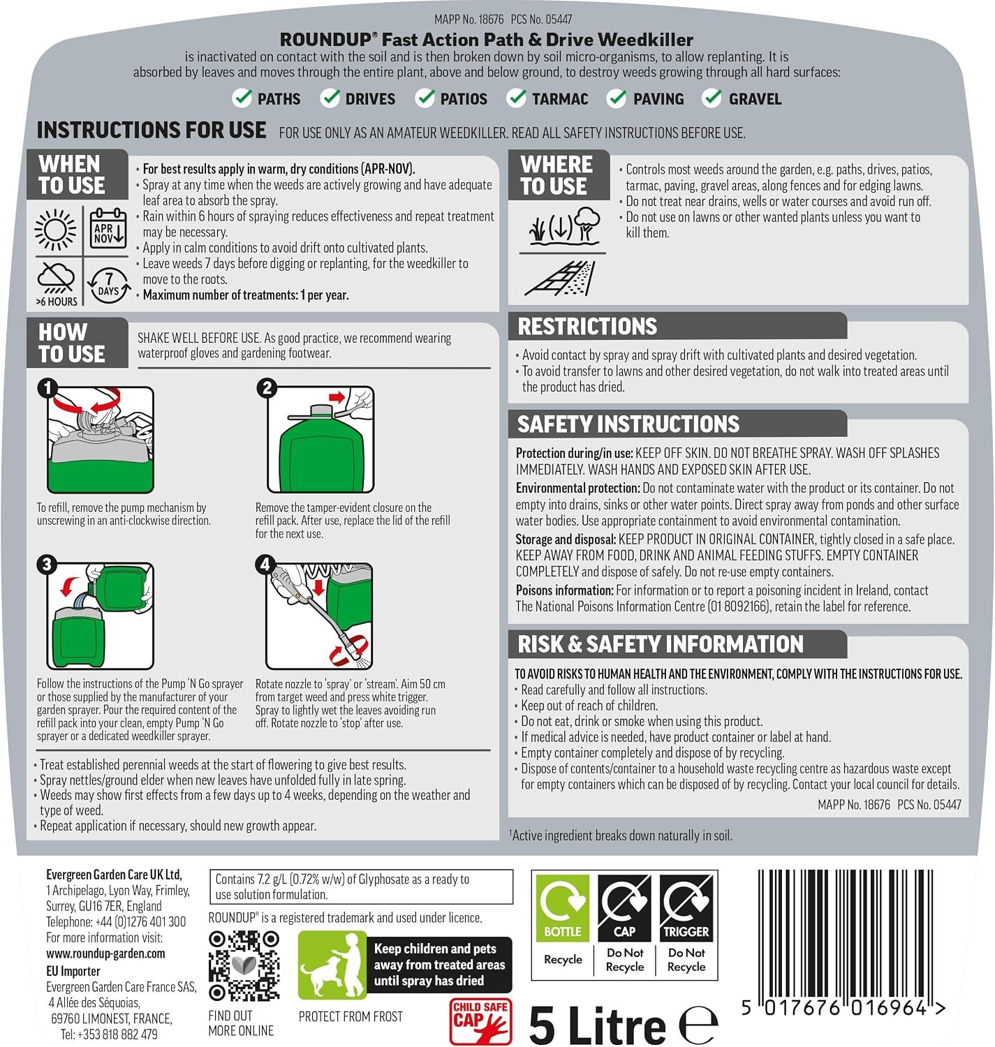 Walks shoppers through refilling, applying, and safety steps so they know exactly how to use the weedkiller correctly. Reassures shoppers the product works on paths, drives, patios and other hard…