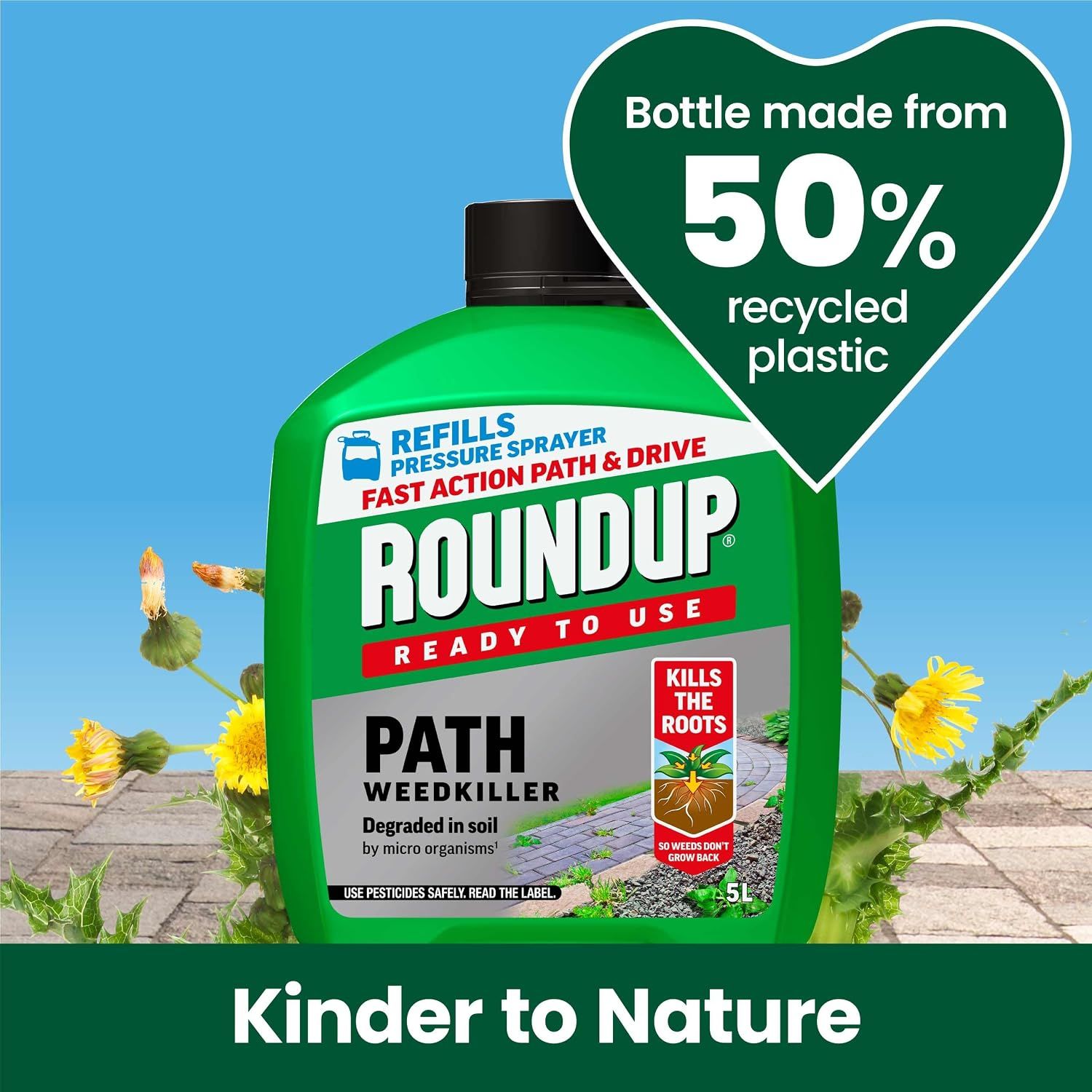 Highlights that the bottle is made from 50 percent recycled plastic and that the product kills roots so weeds do not grow back.