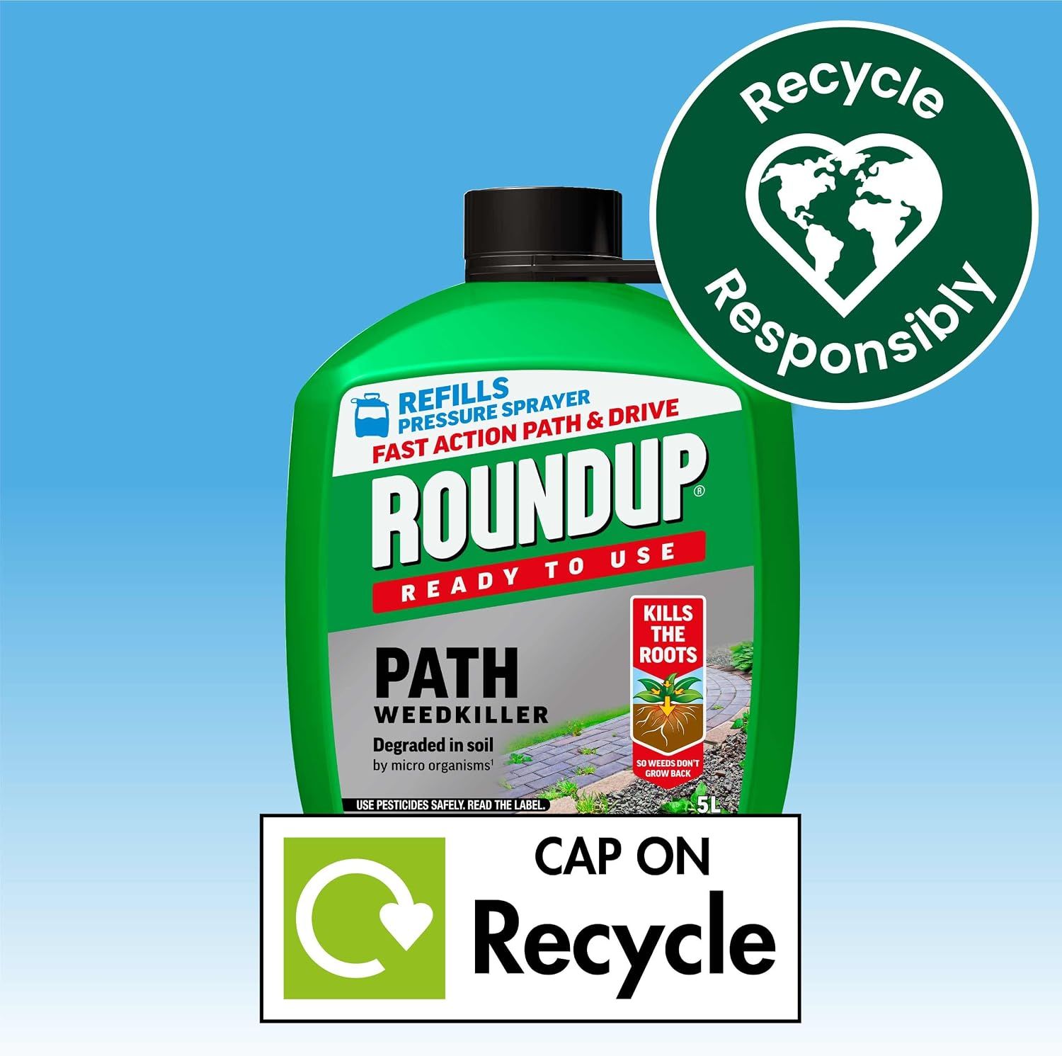 Shows the cap is recyclable and that the bottle is designed for responsible disposal. Reassures eco-conscious shoppers that the packaging can be recycled responsibly with the cap on.