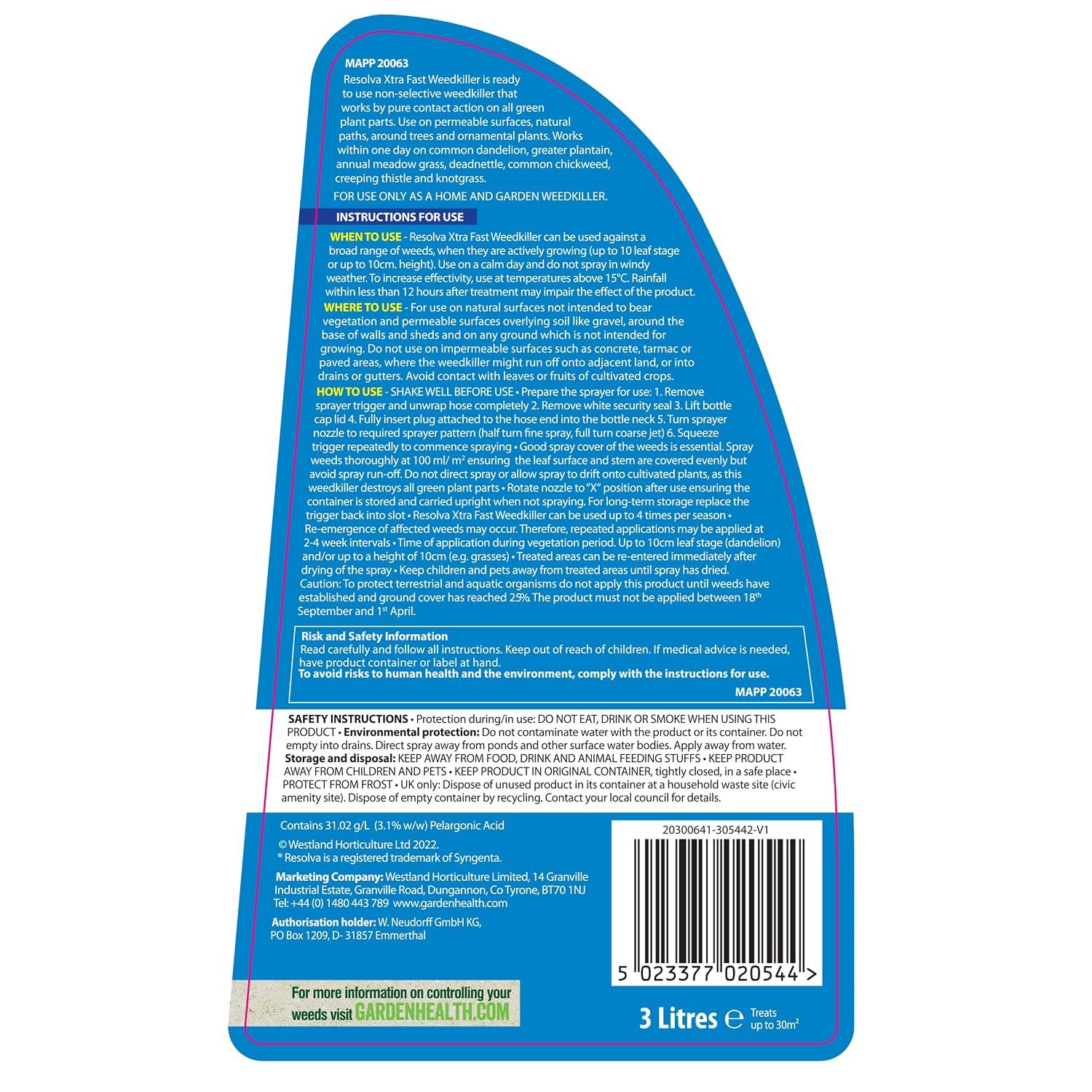 Presents the usage instructions, safety and environmental information, and key product facts in segmented panels so shoppers can verify how the weedkiller works and is used safely.