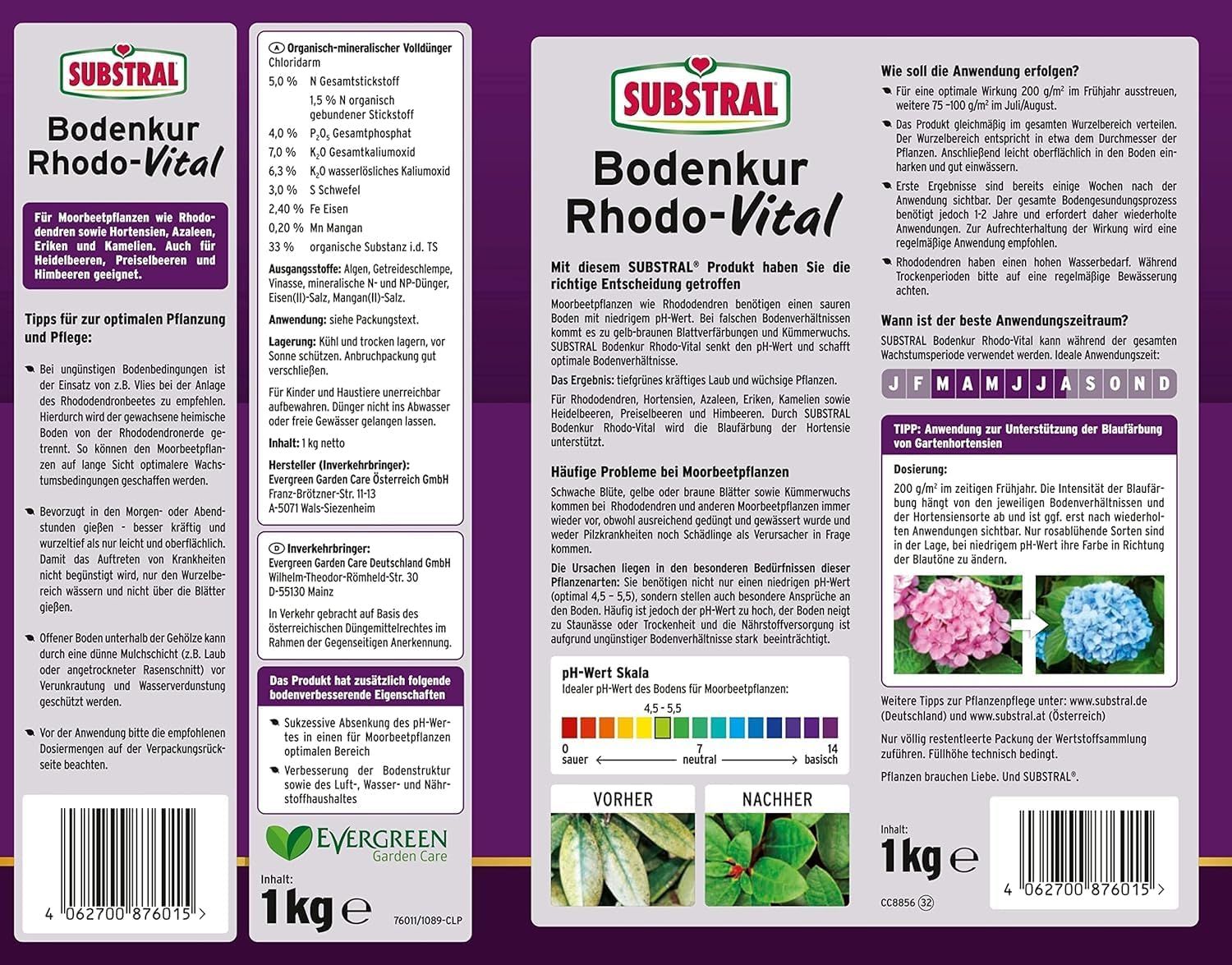 Presents full packaging back and side panels with usage, storage, and regulatory details to inform the shopper before purchase. Shows leaf condition before and after treatment to prove the product…