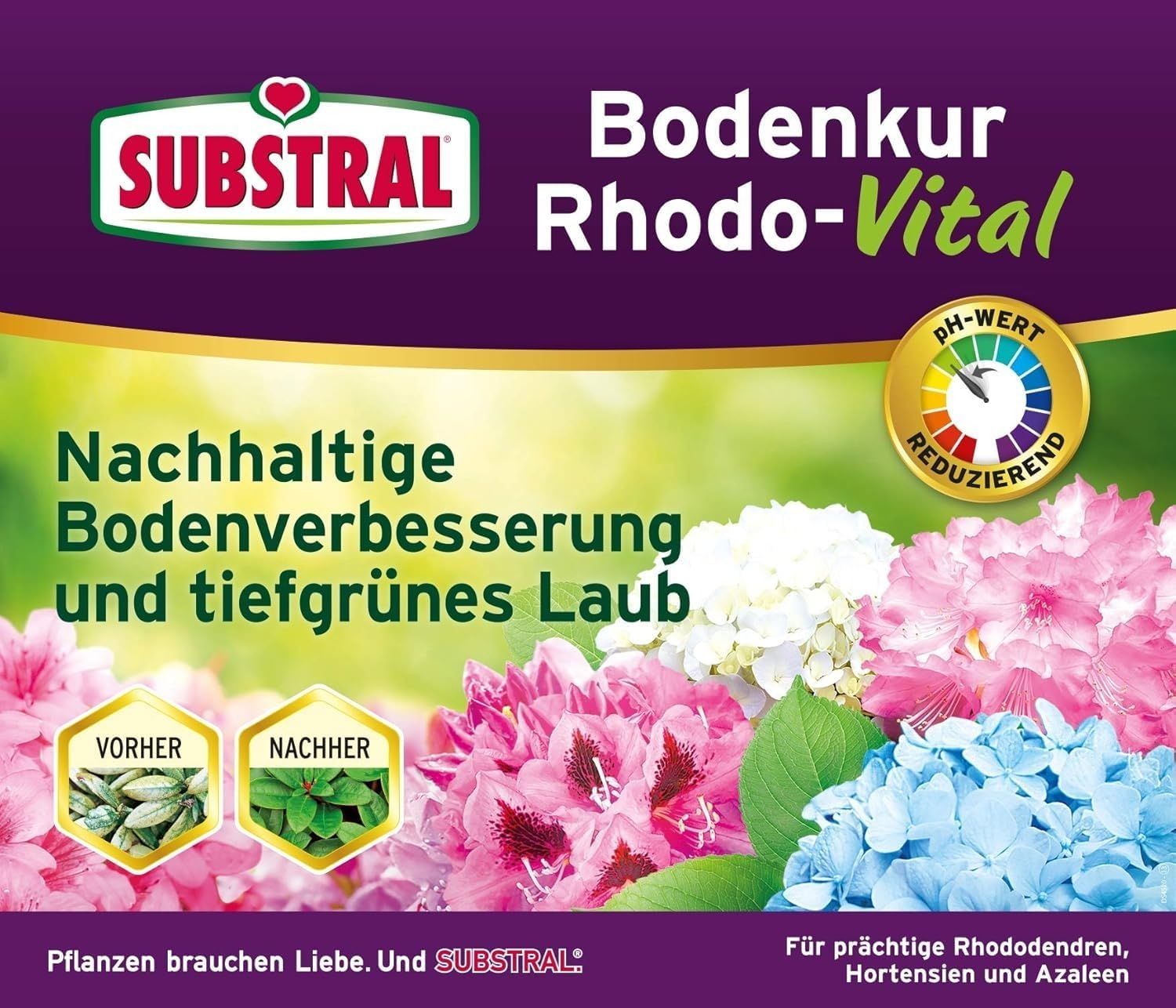 Communicates one core promise of sustainable soil improvement and deep green leaves for flowering shrubs. Reinforces the Substral brand identity with logo and tagline Plants need love and Substral.
