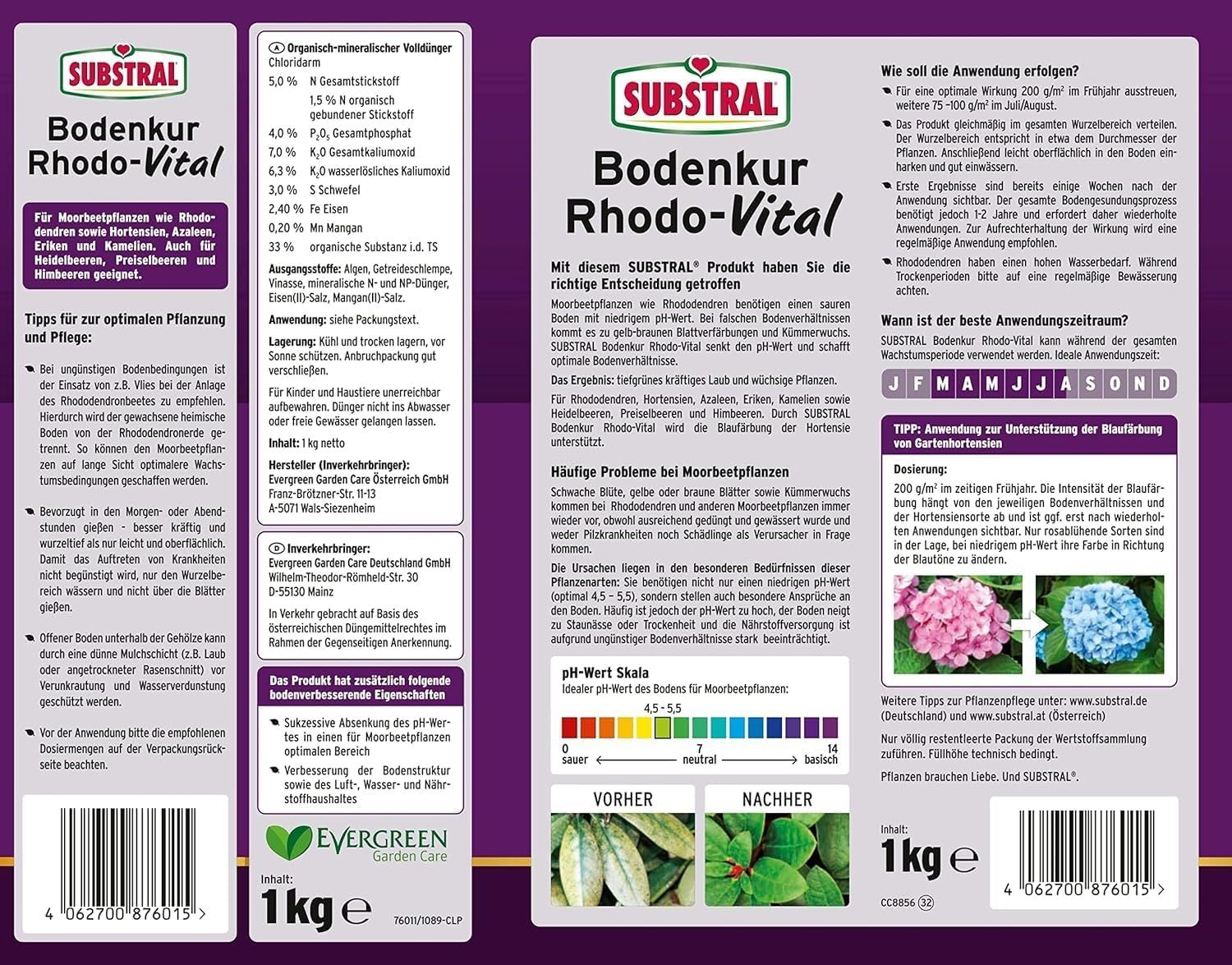 Presents full packaging back and side panels with usage, storage, and regulatory details to inform the shopper before purchase. Shows leaf condition before and after treatment to prove the product…