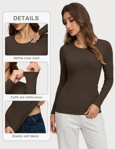 Zoomed detail circles highlight the crew neck, cuffs, and soft elastic fabric to show construction quality. Reinforces that the top has a soft stretchy fabric for comfortable everyday wear.