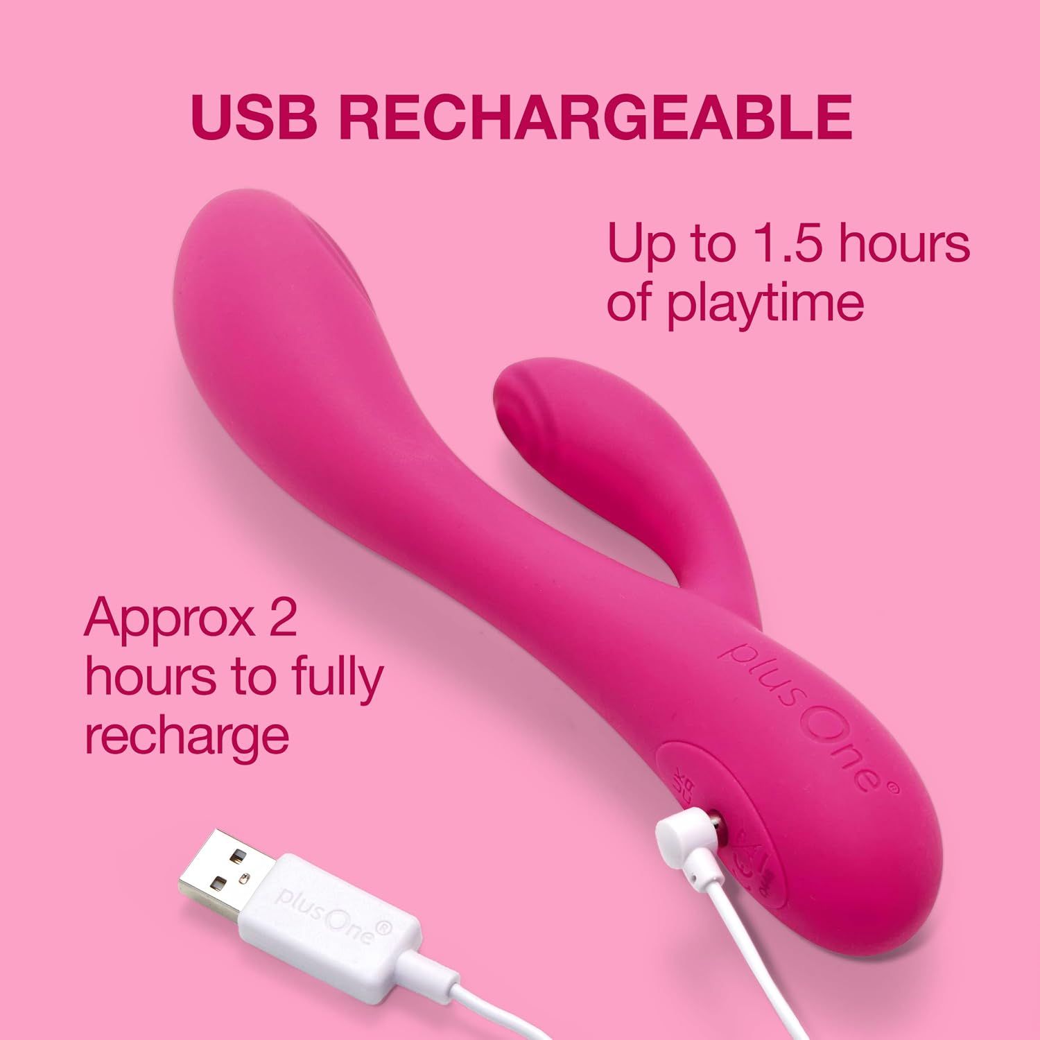 Shows the product is USB rechargeable with up to 1.5 hours of playtime and about 2 hours to fully recharge, reassuring shoppers about convenient charging and battery life.
