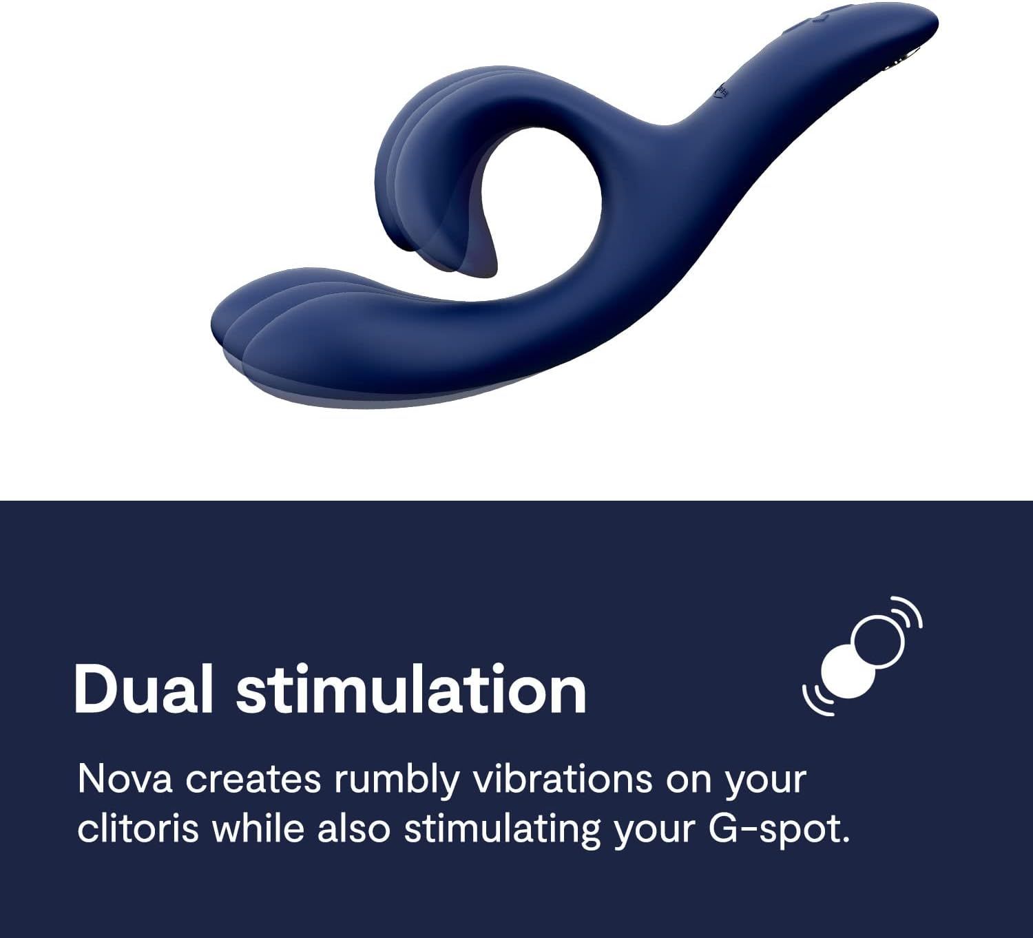 Shows the product with a headline explaining that it delivers rumbly clitoral vibrations while stimulating the G-spot.