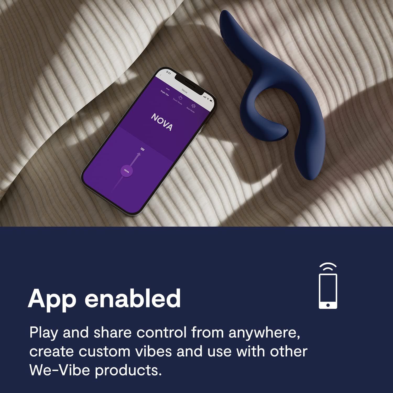 Shows the product beside the app and explains remote play, sharing control, and custom vibrations.
