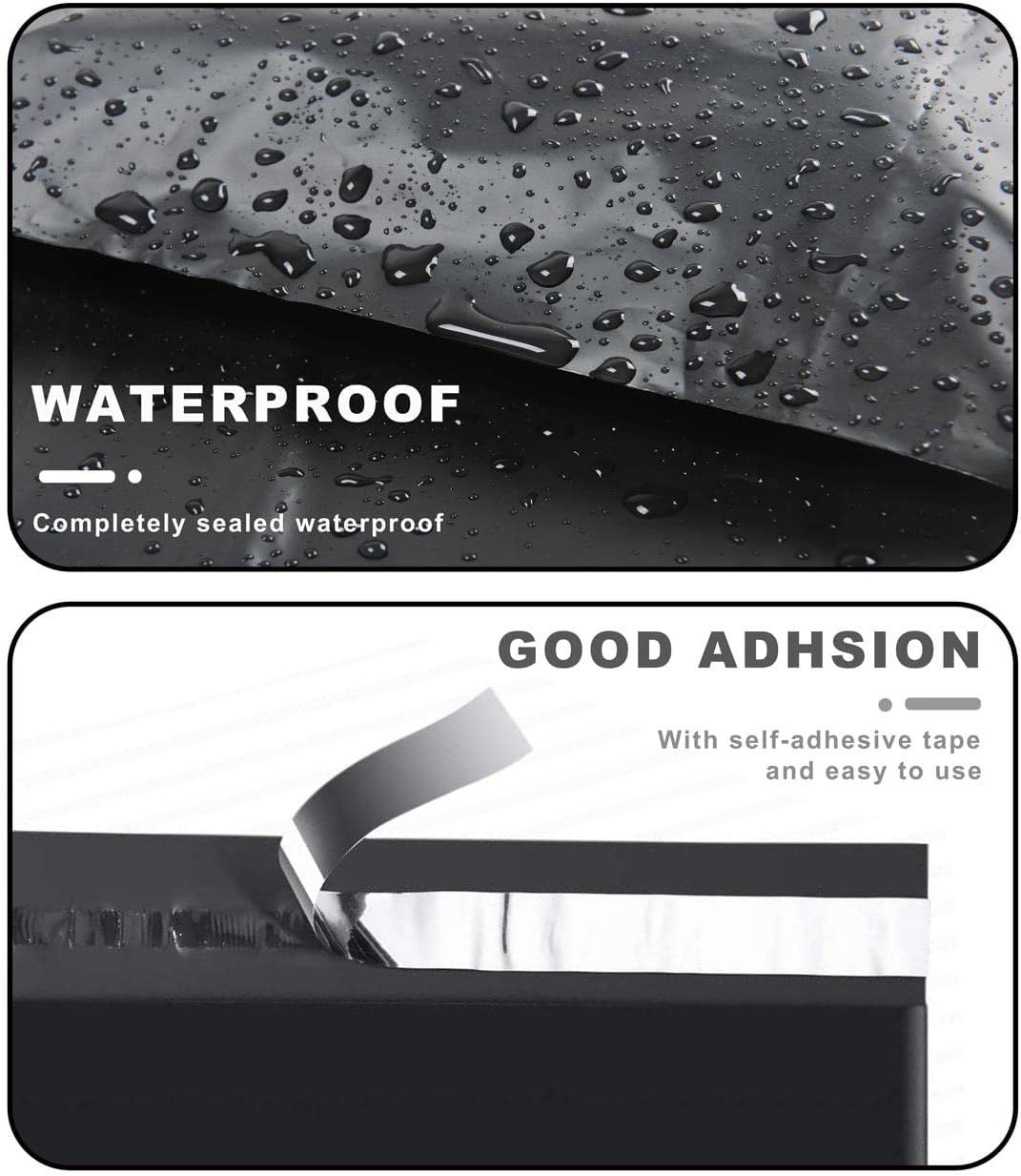 Highlights two key benefits, full waterproof sealing and strong self-adhesive closure, to show the mailer keeps contents dry and sealed.