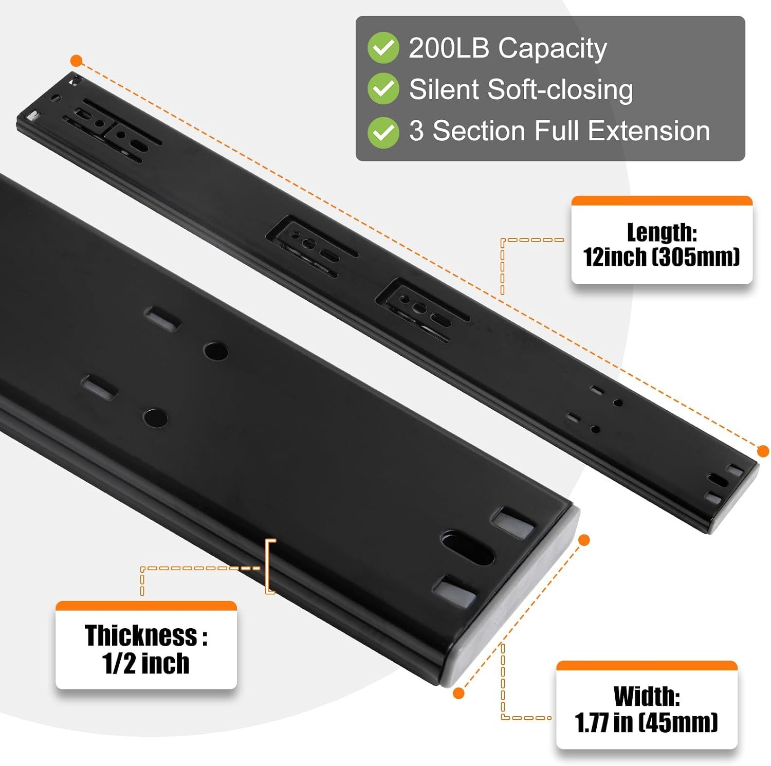 Lists key load, soft-close, extension, and dimension specs so shoppers can judge strength and fit at a glance.