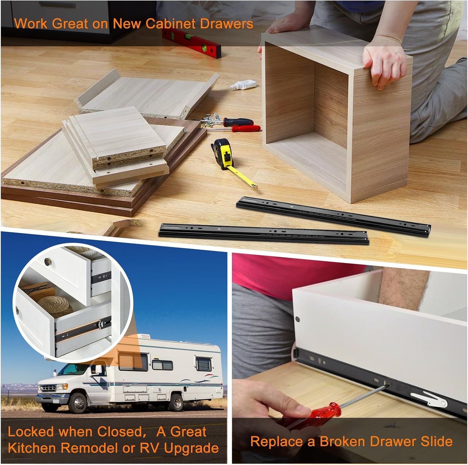 Shows the slides in real-world settings such as building cabinets, RV remodels, and replacing broken slides.