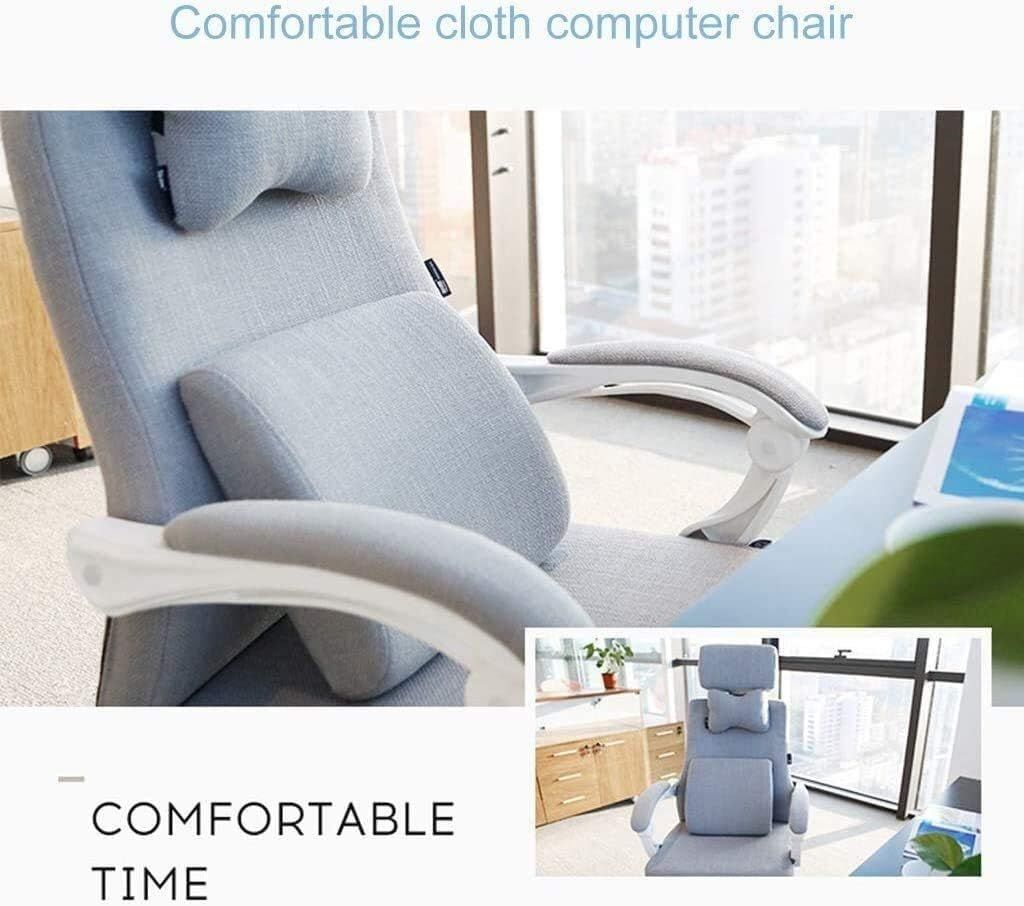 Shows multiple comfort details of the fabric chair in segmented panels to reassure shoppers about all-day comfort.