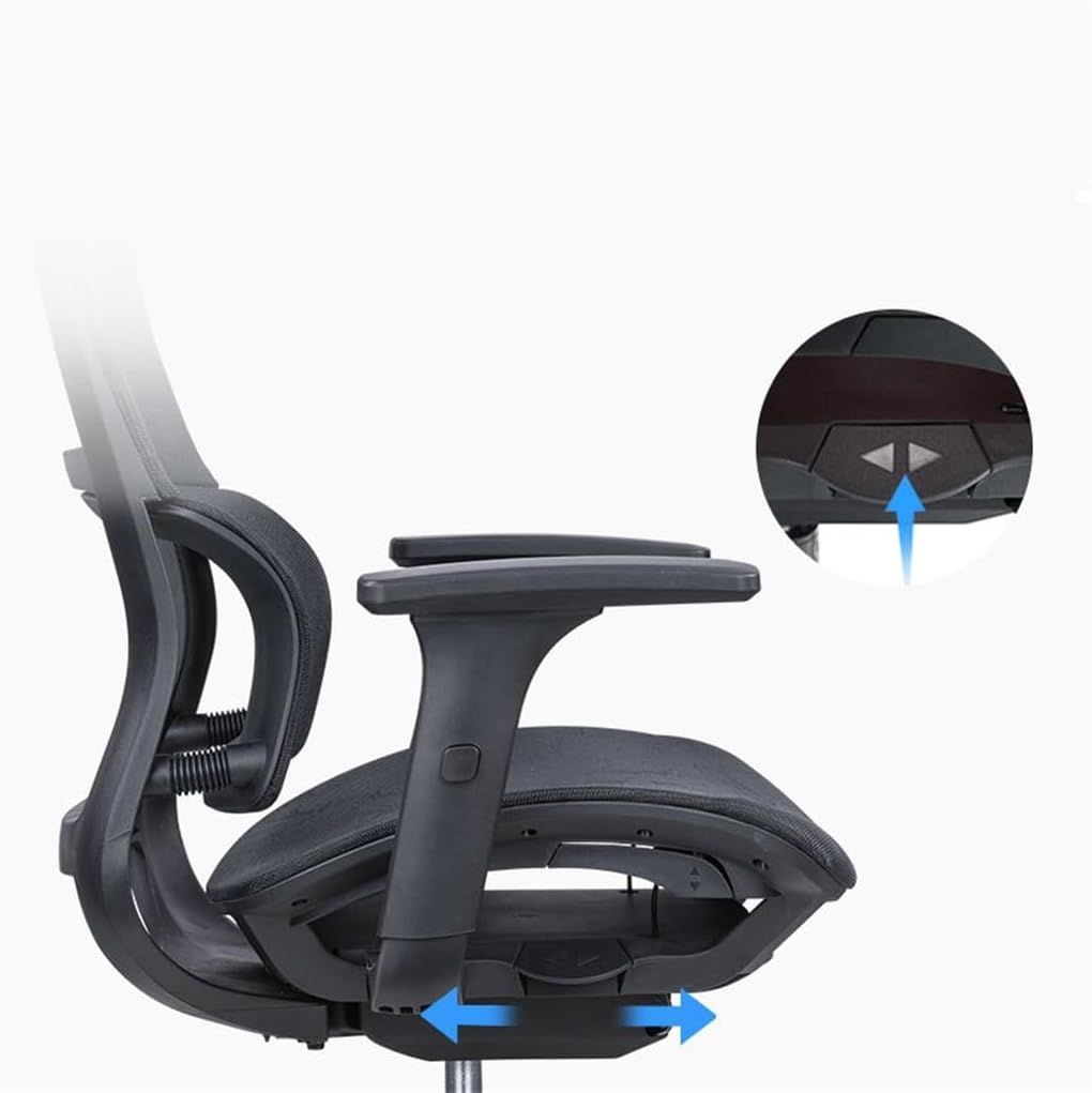 Zoomed view with arrows shows the seat slide mechanism so shoppers understand how the seat depth adjusts for comfort. Communicates that the seat can slide forward and back to fit different body sizes.