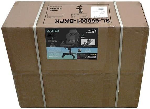 Shows the LOOTER gaming chair retail box with a product image and short feature icons to confirm what the shopper receives.