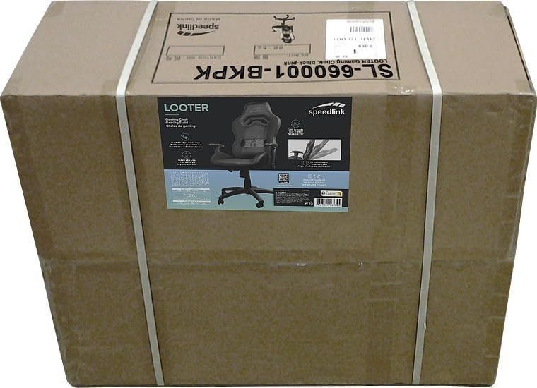 Shows the LOOTER gaming chair retail box with a product image and short feature icons to confirm what the shopper receives.