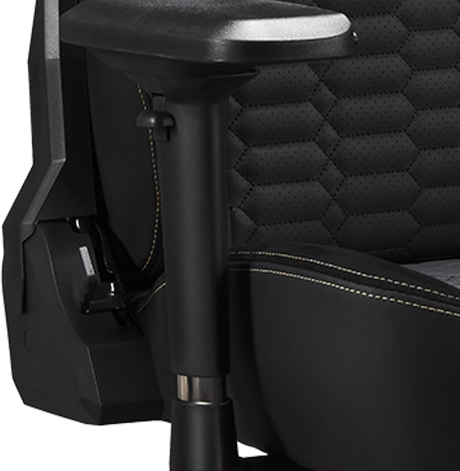 Zooms in on the armrest and mechanism to show the physical build components.