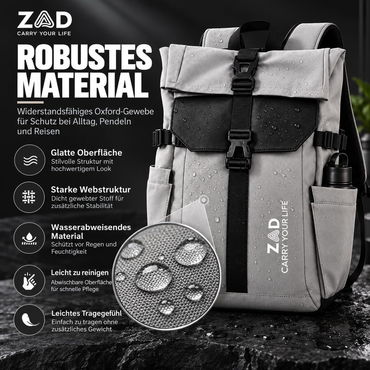 Highlights the durable Oxford fabric and water-repellent surface to reassure shoppers of protection in everyday use. Lists several material and comfort benefits in segmented callouts to show the bag…