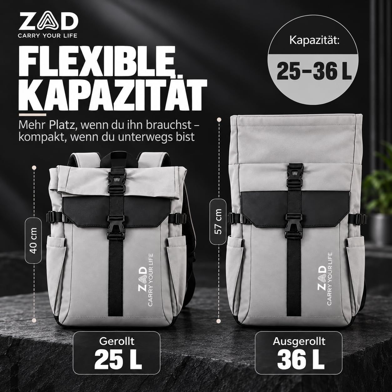 Shows the bag expands from 25 L rolled to 36 L unrolled so shoppers see its flexible storage range at a glance. Shows the physical rolled and unrolled height of the bag to illustrate how the…