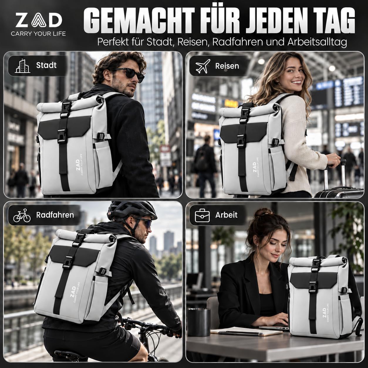 Shows the backpack used in four everyday scenarios to prove it suits city, travel, cycling and office life. Shows the backpack used in four everyday scenarios to prove it suits city, travel, cycling…