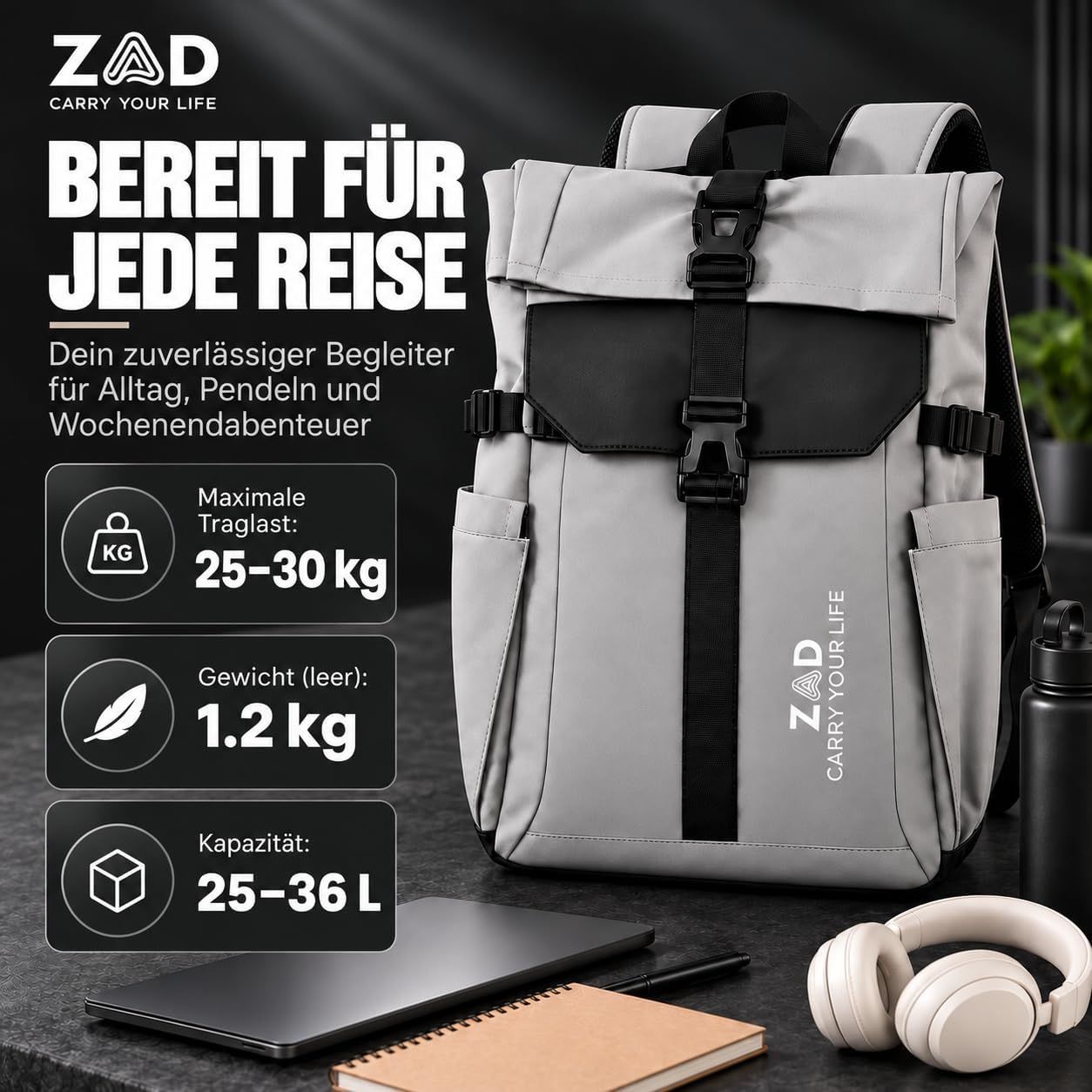 Presents load capacity, light empty weight and volume as bold stats to show the bag is strong yet light. Segments three key specs into separate panels to give a quick overview of the bag's…