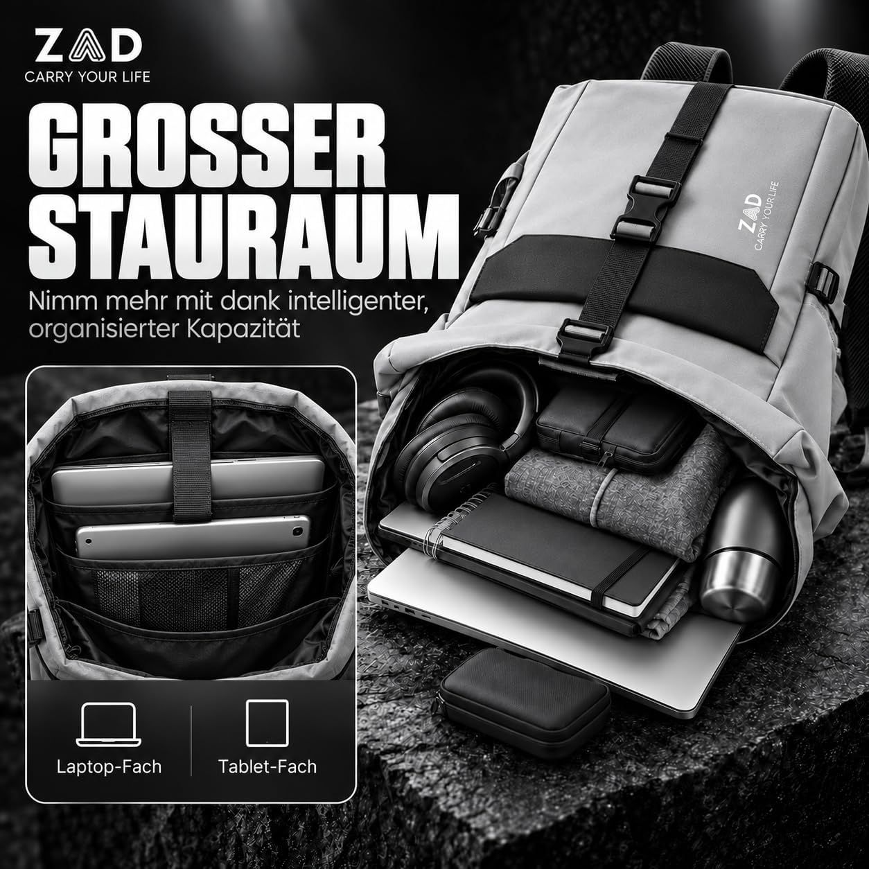 Shows a full load of laptop, headphones, bottle, notebook and accessories to show the generous storage capacity. Uses segmented callouts to present storage capacity and dedicated device compartments…